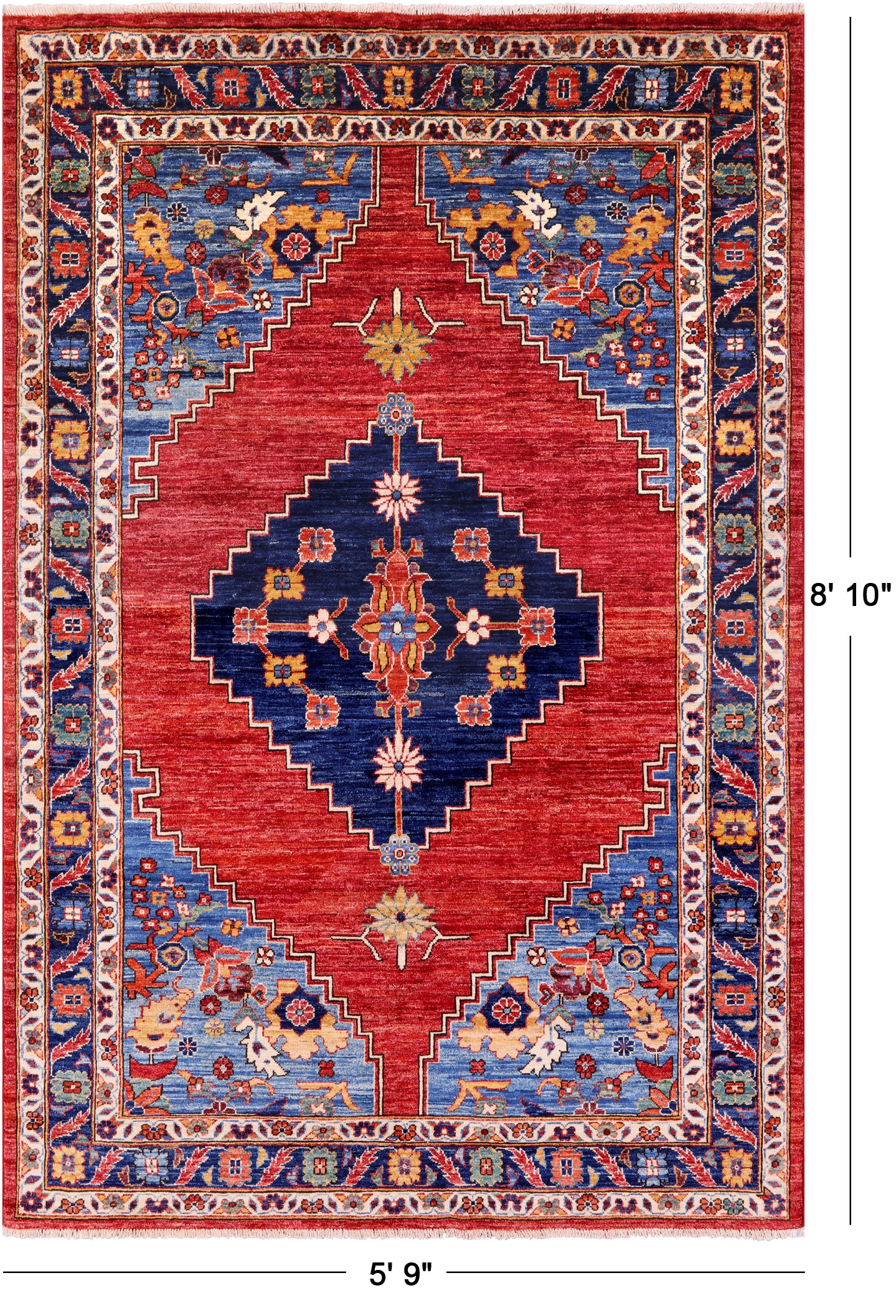 Red Persian Fine Serapi Hand Knotted Wool Rug - 5' 9" X 8' 10" - Golden Nile