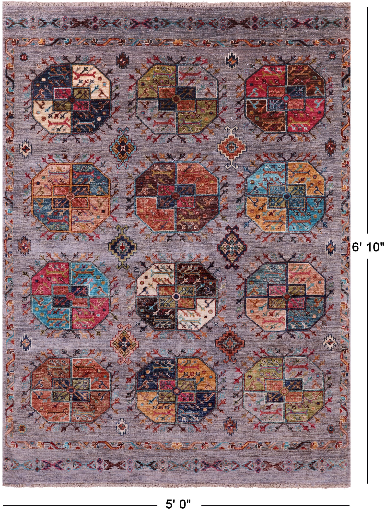 Grey Turkmen Ersari Hand Knotted Wool Rug - 5' 0" X 6' 10" - Golden Nile