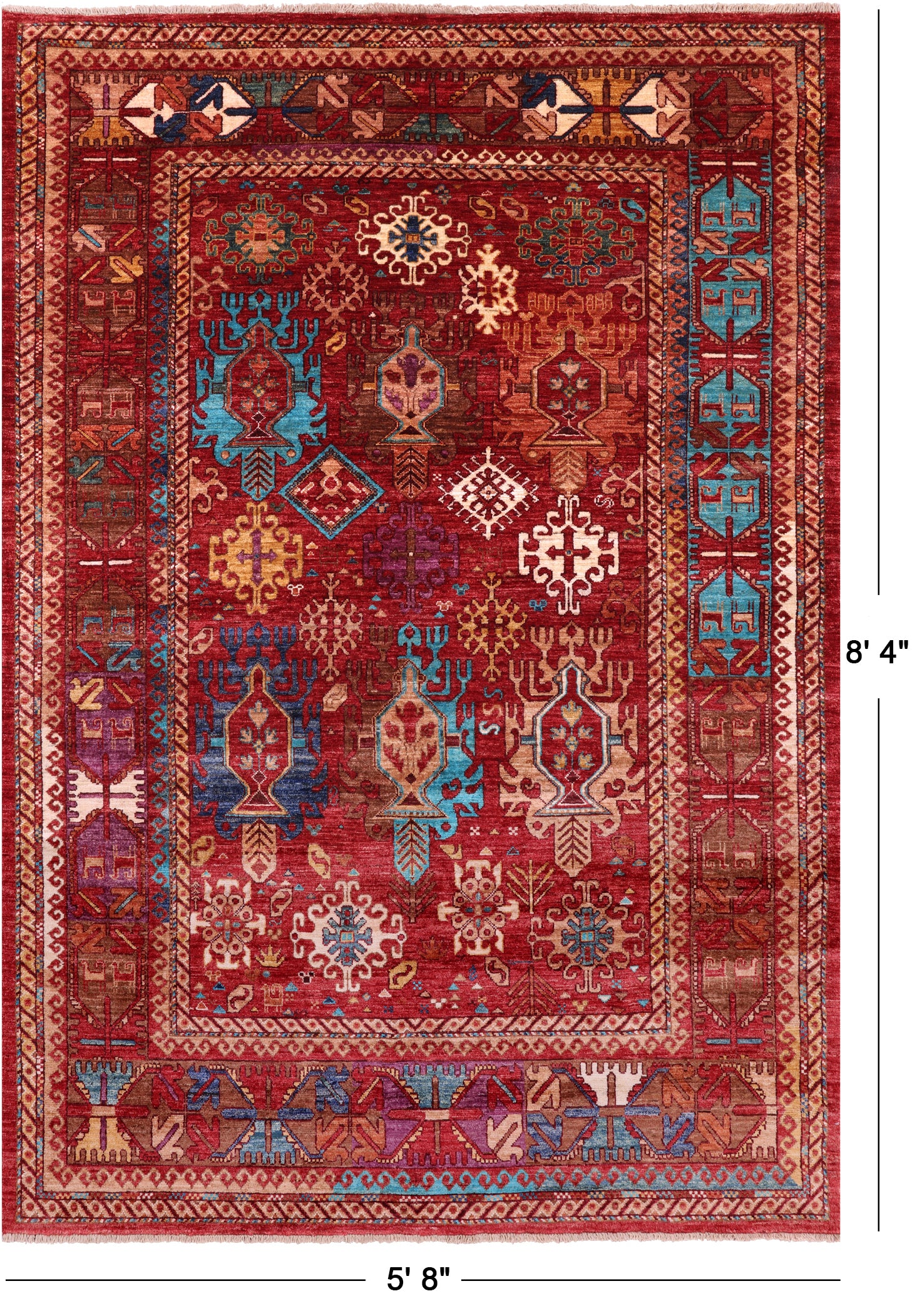 Red Turkmen Ersari Hand Knotted Wool Rug - 5' 8" X 8' 4" - Golden Nile