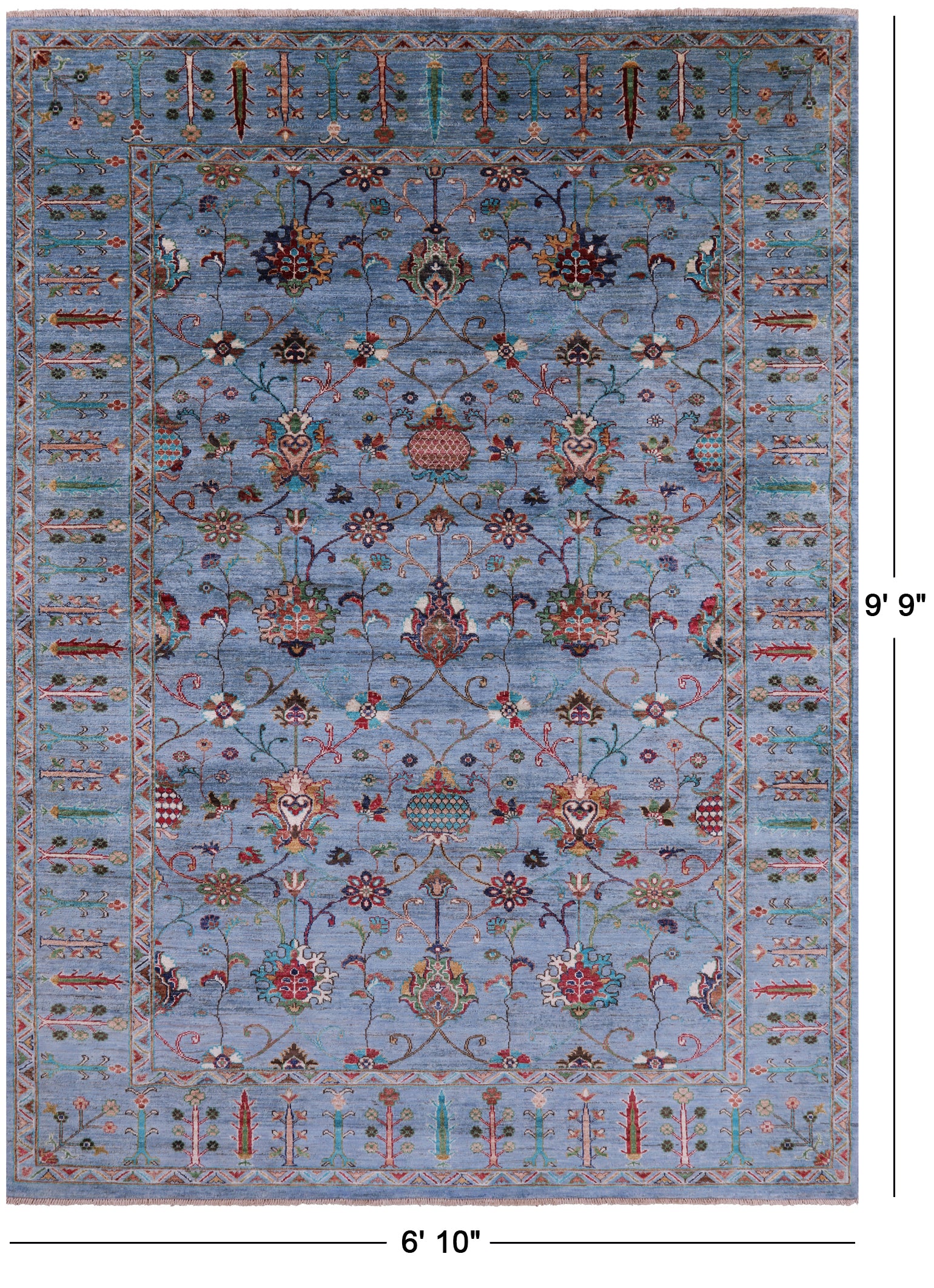 Blue Peshawar Hand Knotted Wool Rug - 6' 10" X 9' 9" - Golden Nile