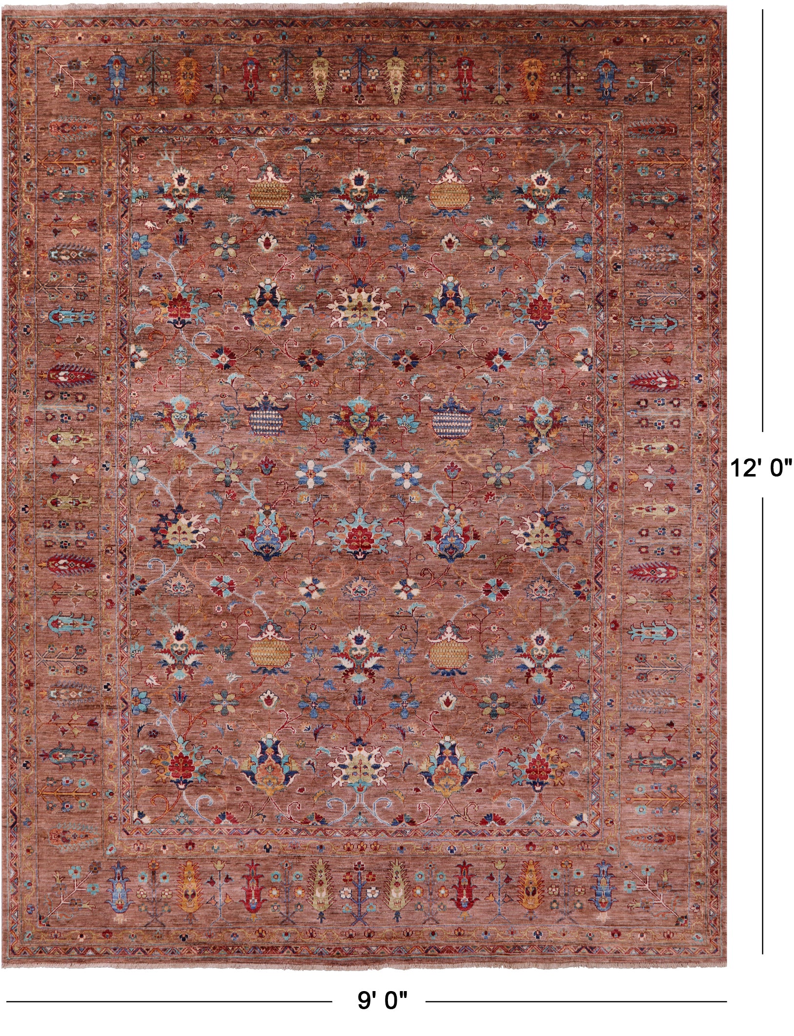 Brown Peshawar Hand Knotted Wool Rug - 9' 0" X 12' 0" - Golden Nile