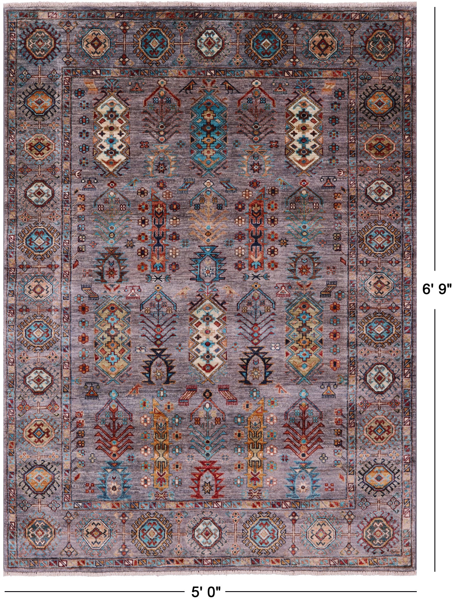 Grey Turkmen Ersari Hand Knotted Wool Rug - 5' 0" X 6' 9" - Golden Nile