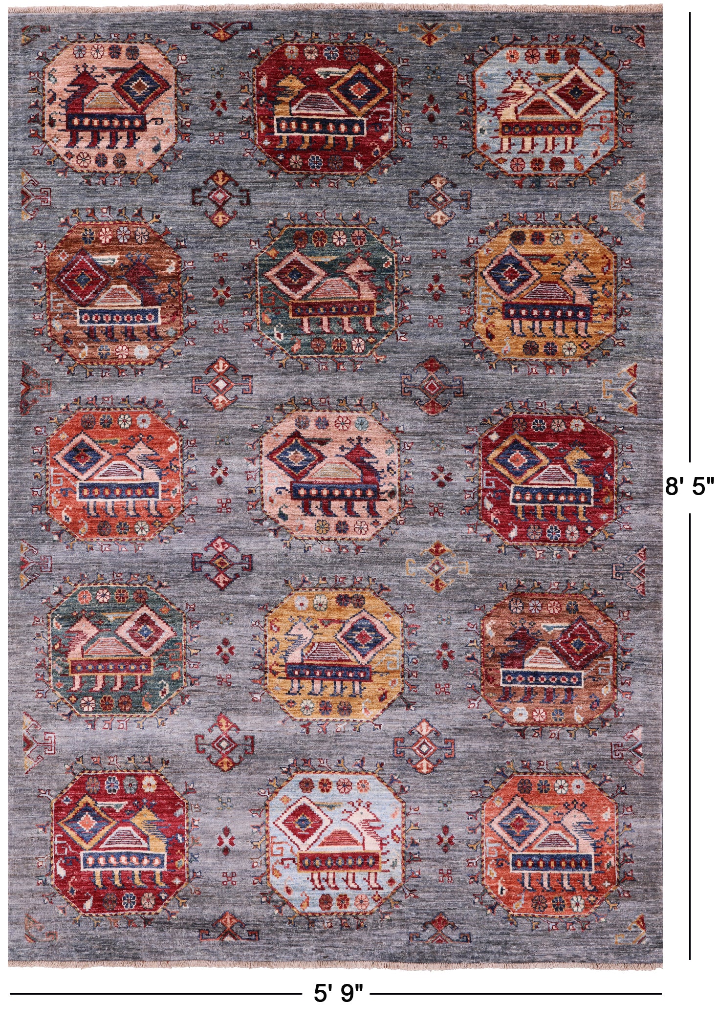 Grey Turkmen Ersari Hand Knotted Wool Rug - 5' 9" X 8' 5" - Golden Nile