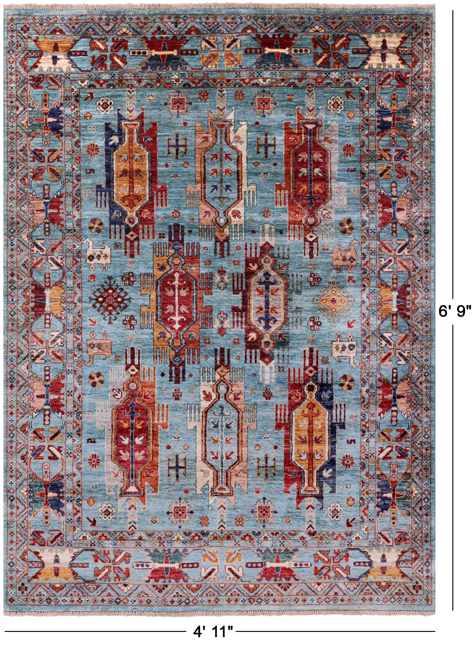 Blue Persian Fine Serapi Hand Knotted Wool Rug - 4' 11" X 6' 9" - Golden Nile