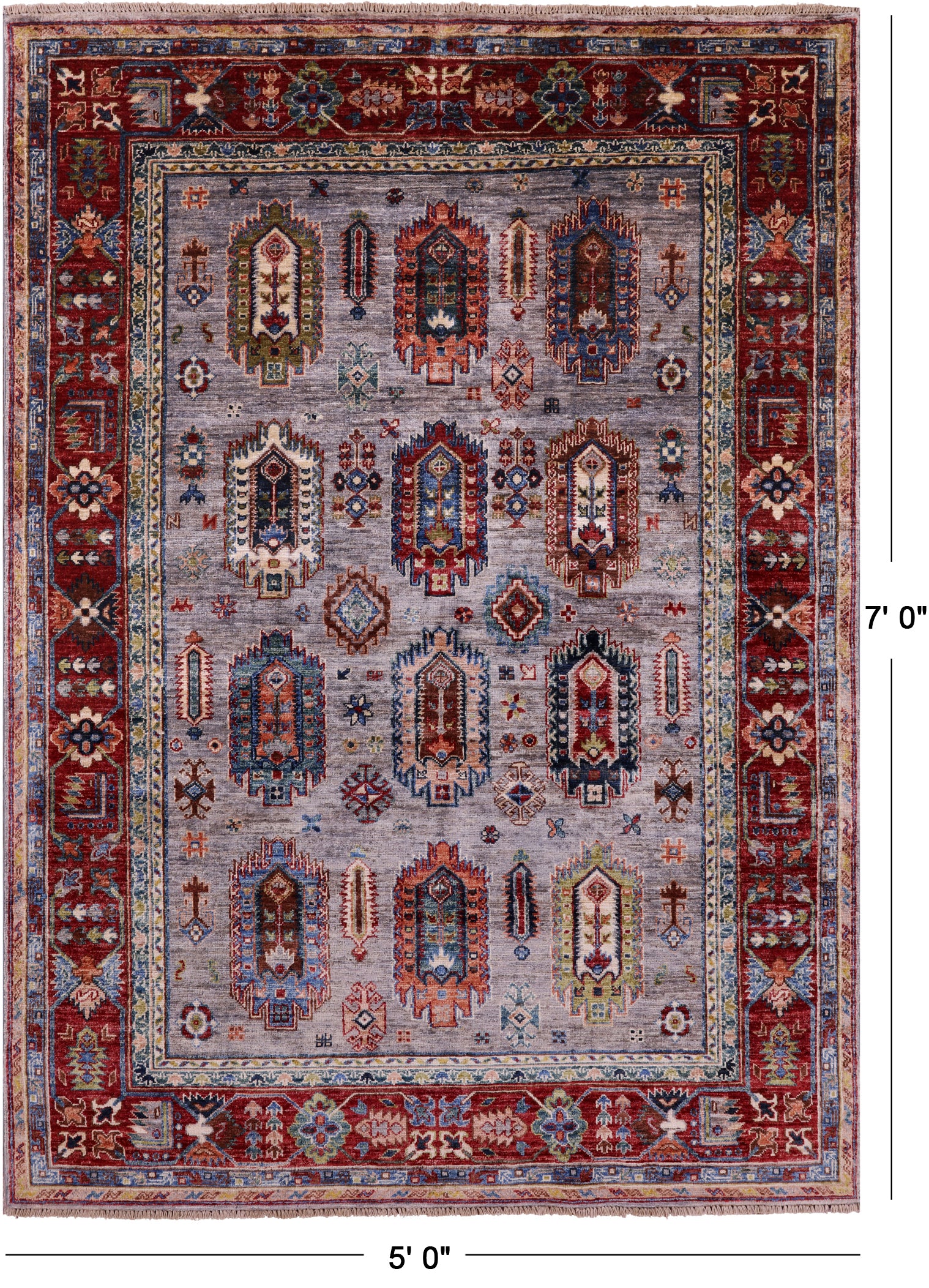 Grey Turkmen Ersari Hand Knotted Wool Rug - 5' 0" X 7' 0" - Golden Nile
