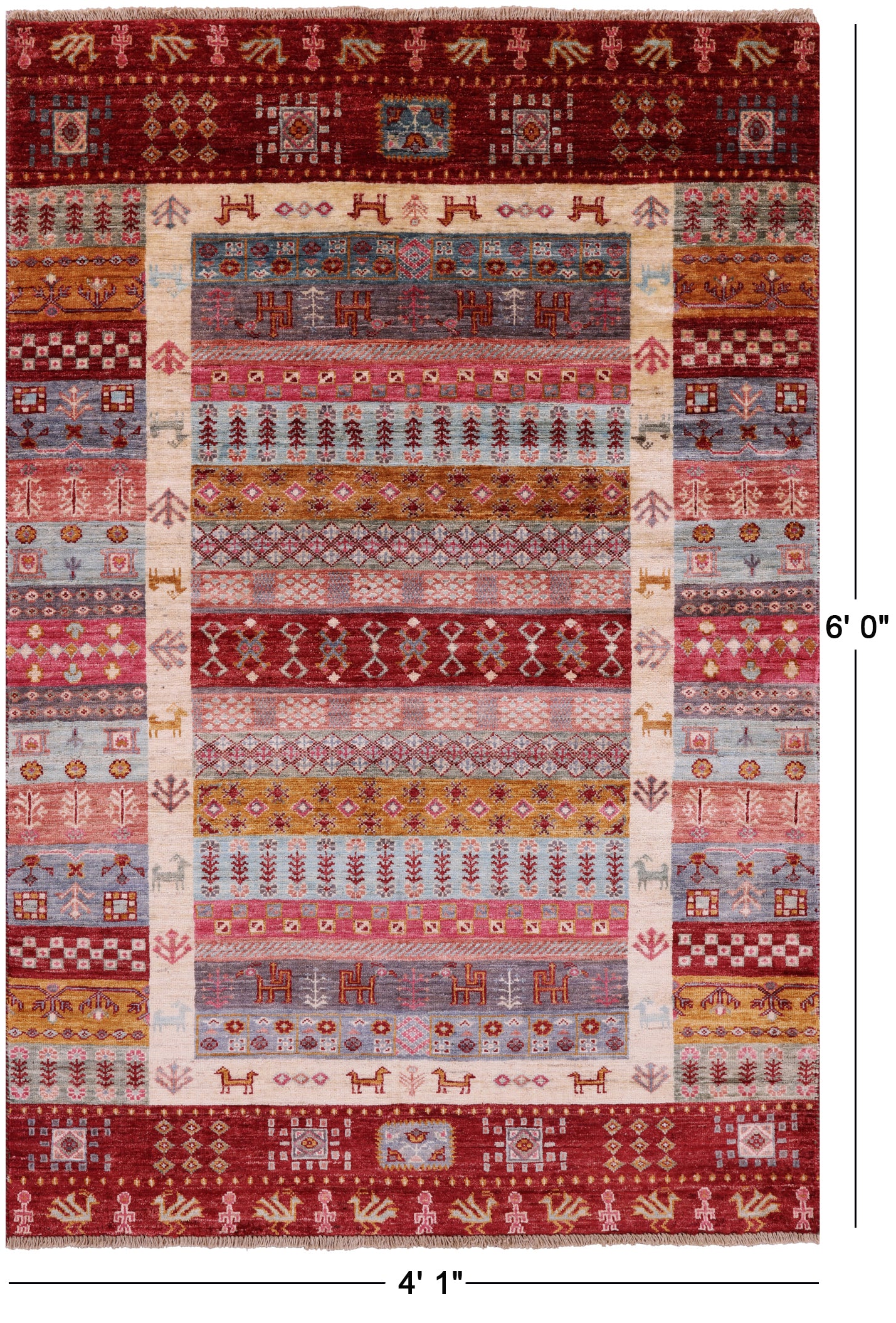 Tribal Persian Gabbeh Hand Knotted Wool Rug - 4' 1" X 6' 0" - Golden Nile