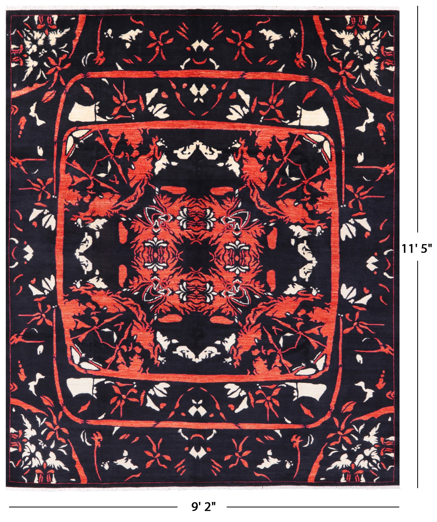 Black William Morris Handmade Wool Rug - 9' 2" X 11' 5" - Golden Nile