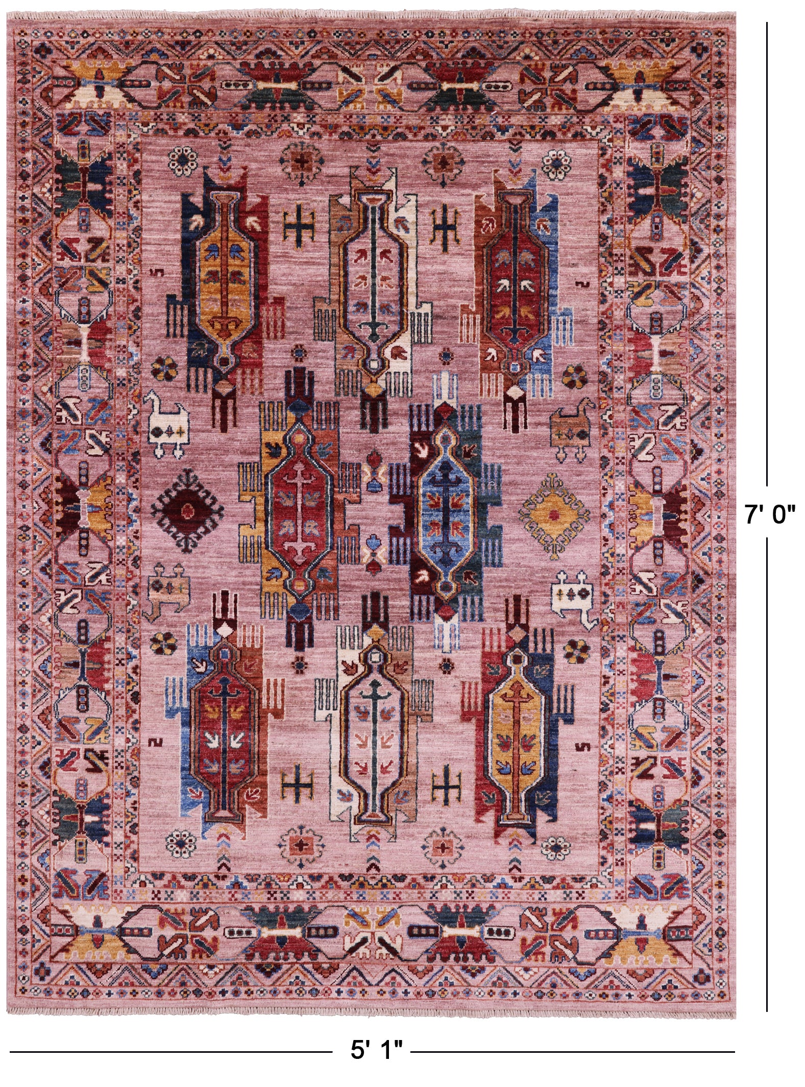 Pink Persian Fine Serapi Hand Knotted Wool Rug - 5' 1" X 7' 0" - Golden Nile