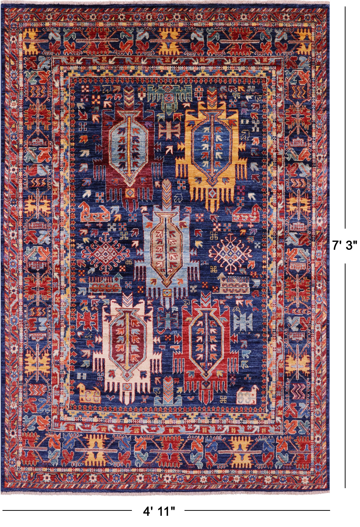 Blue Persian Fine Serapi Hand Knotted Wool Rug - 4' 11" X 7' 3" - Golden Nile