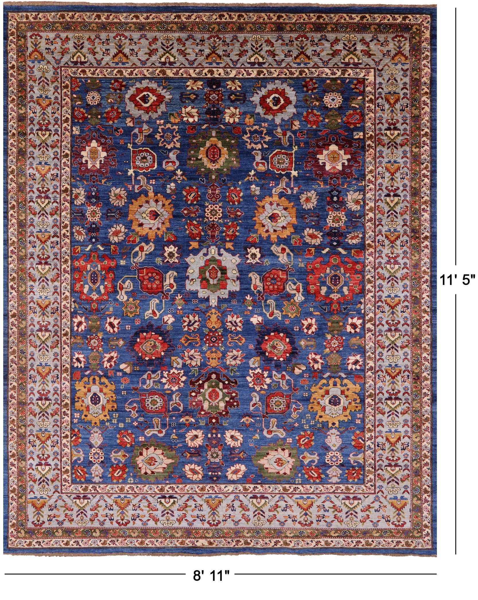 Blue Persian Fine Serapi Hand Knotted Wool Rug - 8' 11" X 11' 5" - Golden Nile