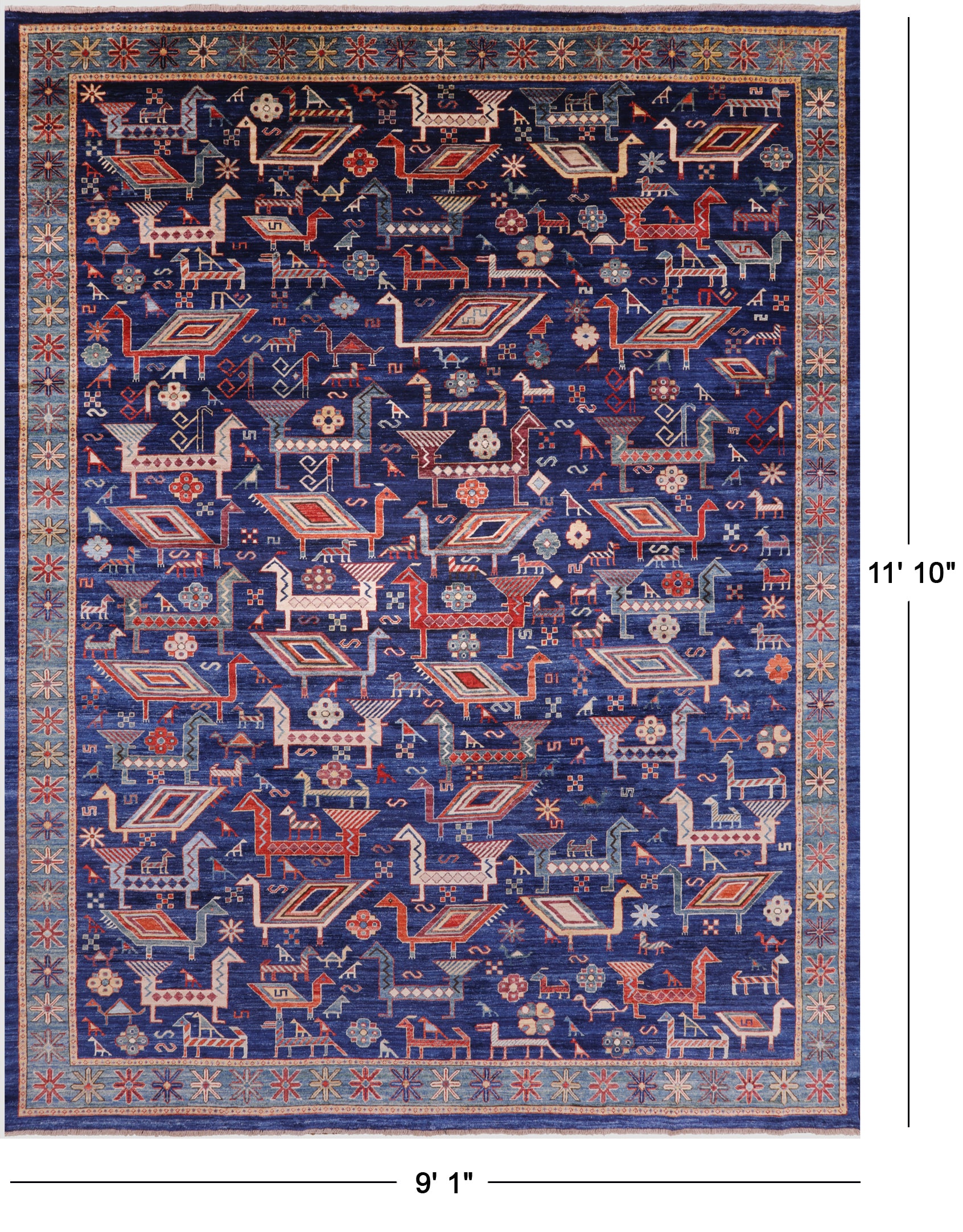 Blue Persian Fine Serapi Hand Knotted Wool Rug - 9' 1" X 11' 10" - Golden Nile