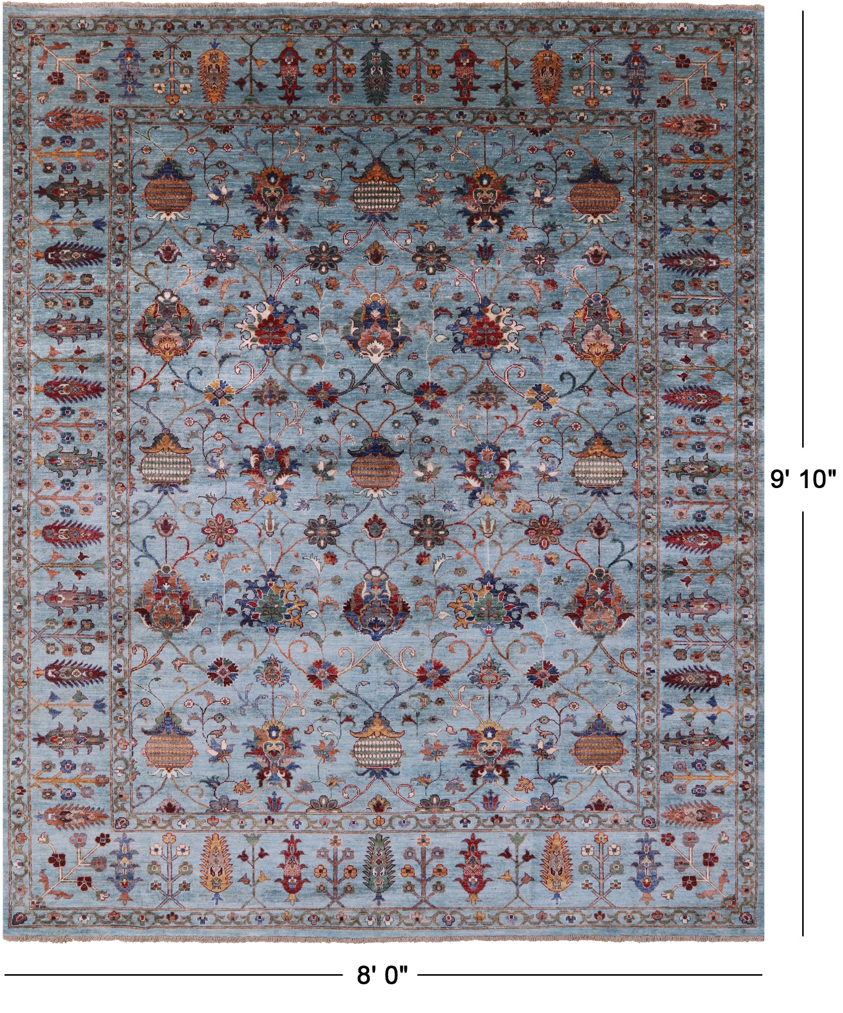 Blue Peshawar Handmade Wool Rug - 8' 0" X 9' 10" - Golden Nile