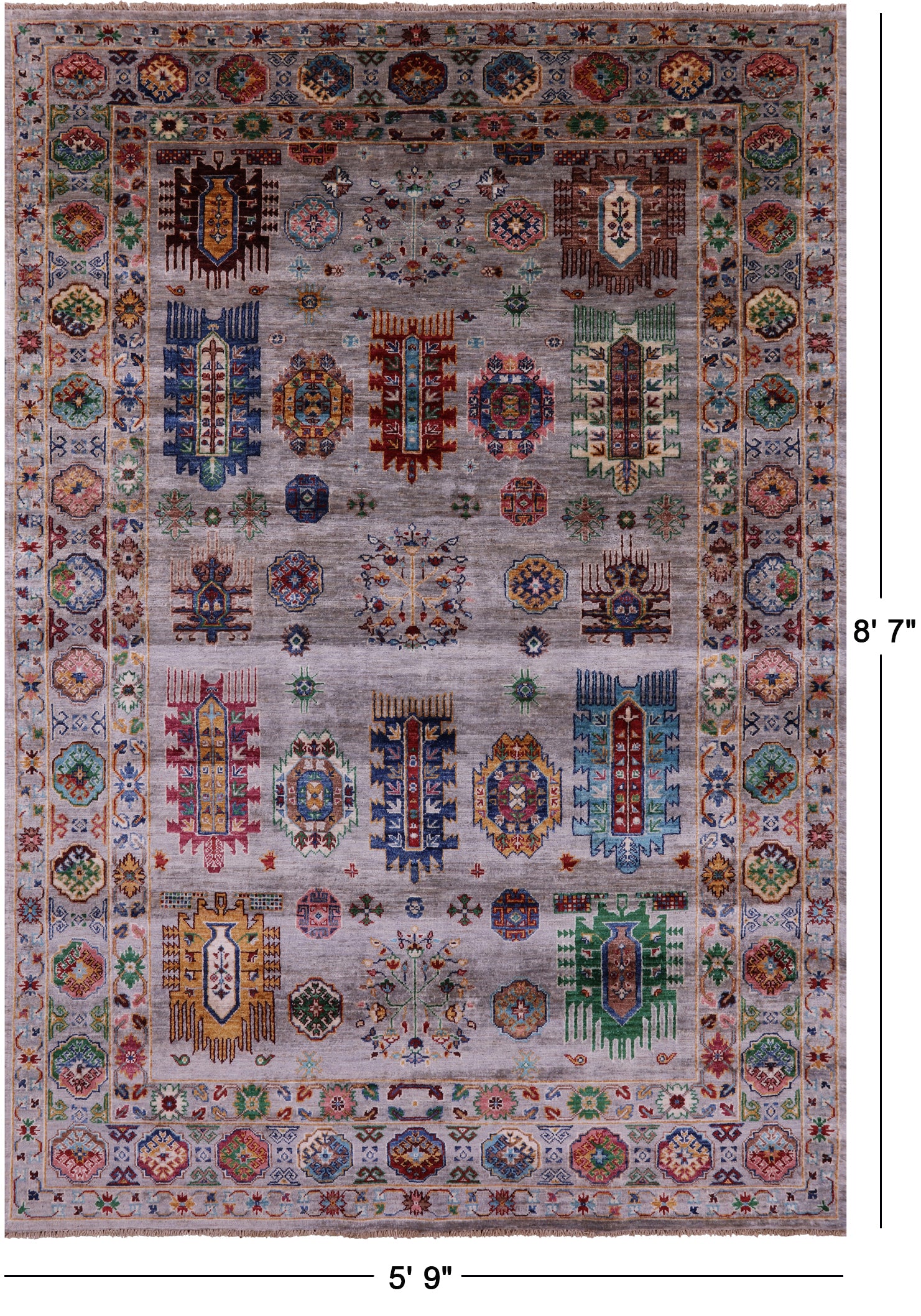 Grey Turkmen Ersari Hand Knotted Wool Rug - 5' 9" X 8' 7" - Golden Nile