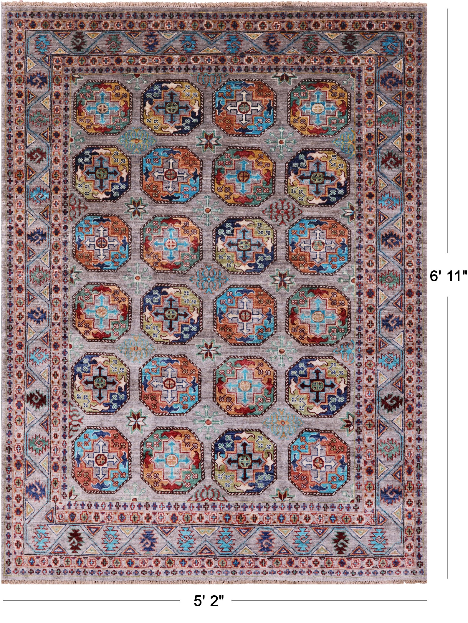 Grey Turkmen Ersari Hand Knotted Wool Rug - 5' 2" X 6' 11" - Golden Nile