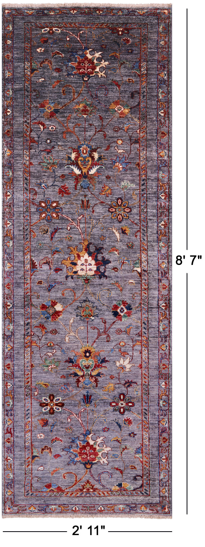 Grey Peshawar Hand Knotted Wool Runner Rug - 2' 11" X 8' 7" - Golden Nile