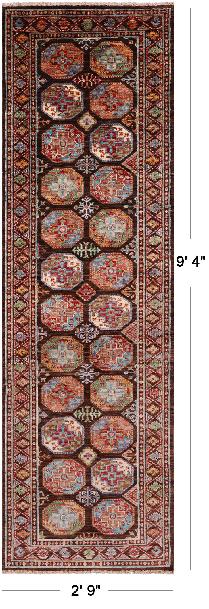 Brown Turkmen Ersari Hand Knotted Wool Runner Rug - 2' 9" X 9' 4" - Golden Nile