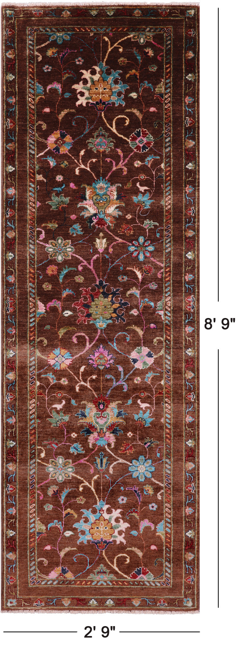 Brown Peshawar Hand Knotted Wool Runner Rug - 2' 9" X 8' 9" - Golden Nile