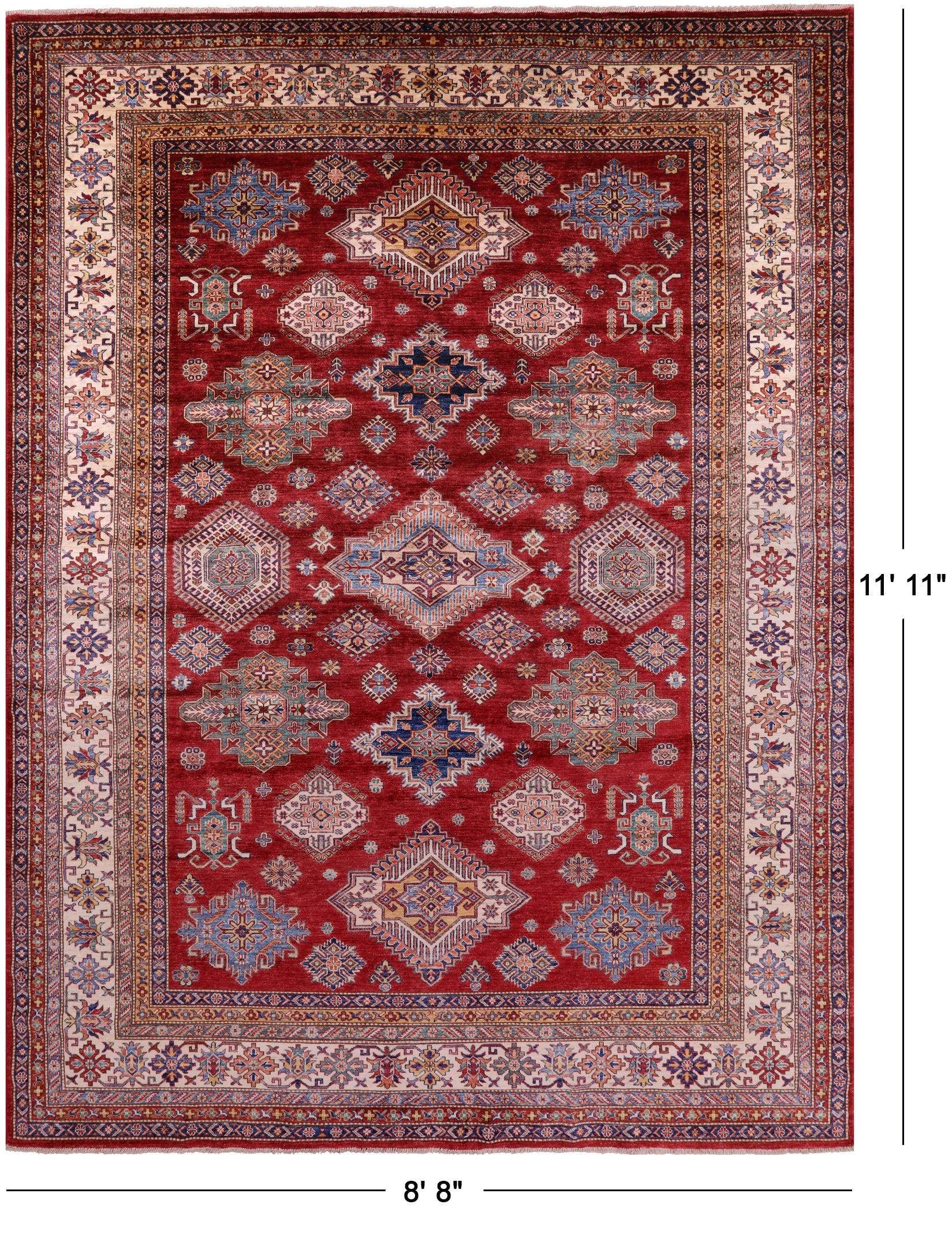 Red Super Kazak Hand Knotted Wool Rug - 8' 8" X 11' 11" - Golden Nile