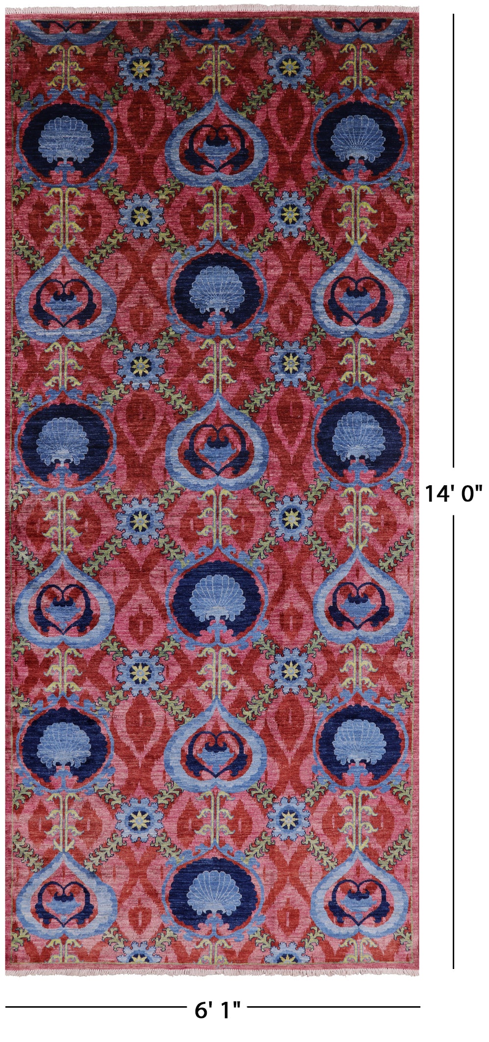 Pink William Morris Handmade Wool Area Rug - 6' 1" X 14' 0" - Golden Nile