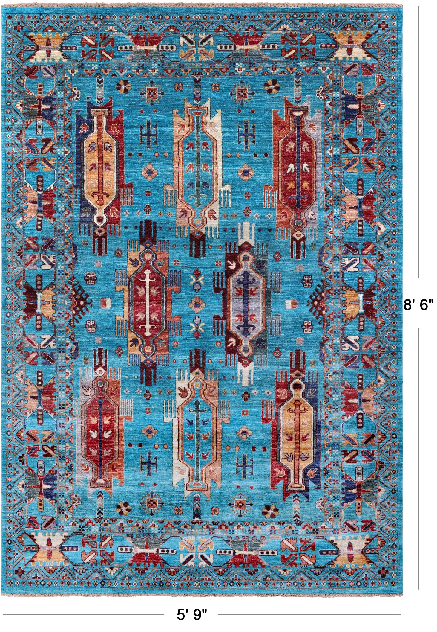Blue Persian Fine Serapi Hand Knotted Wool Rug - 5' 9" X 8' 6" - Golden Nile