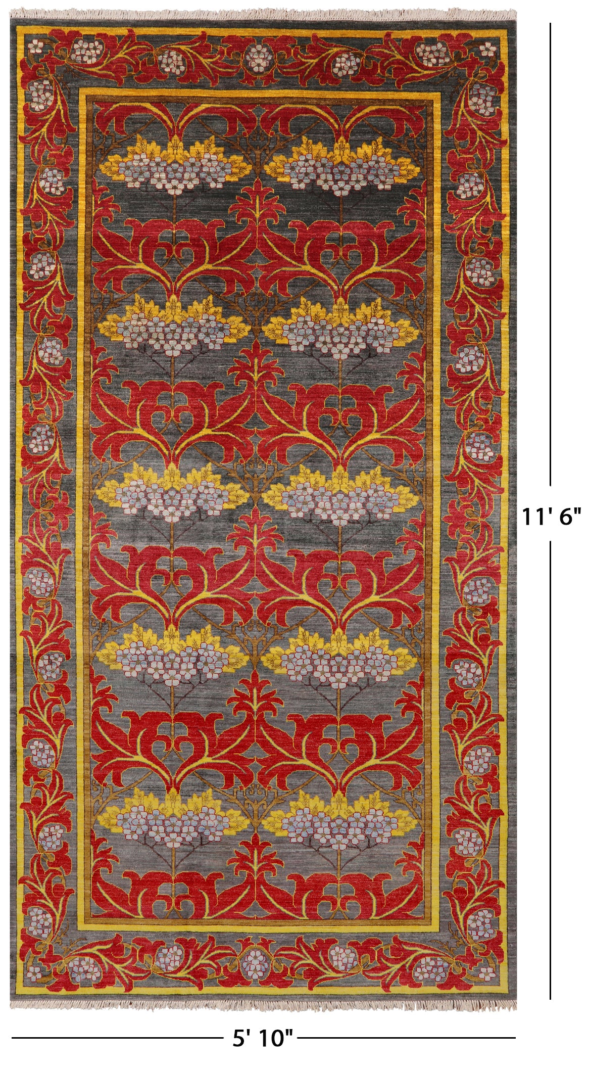 Grey William Morris Handmade Wool Area Rug - 5' 10" X 11' 6" - Golden Nile