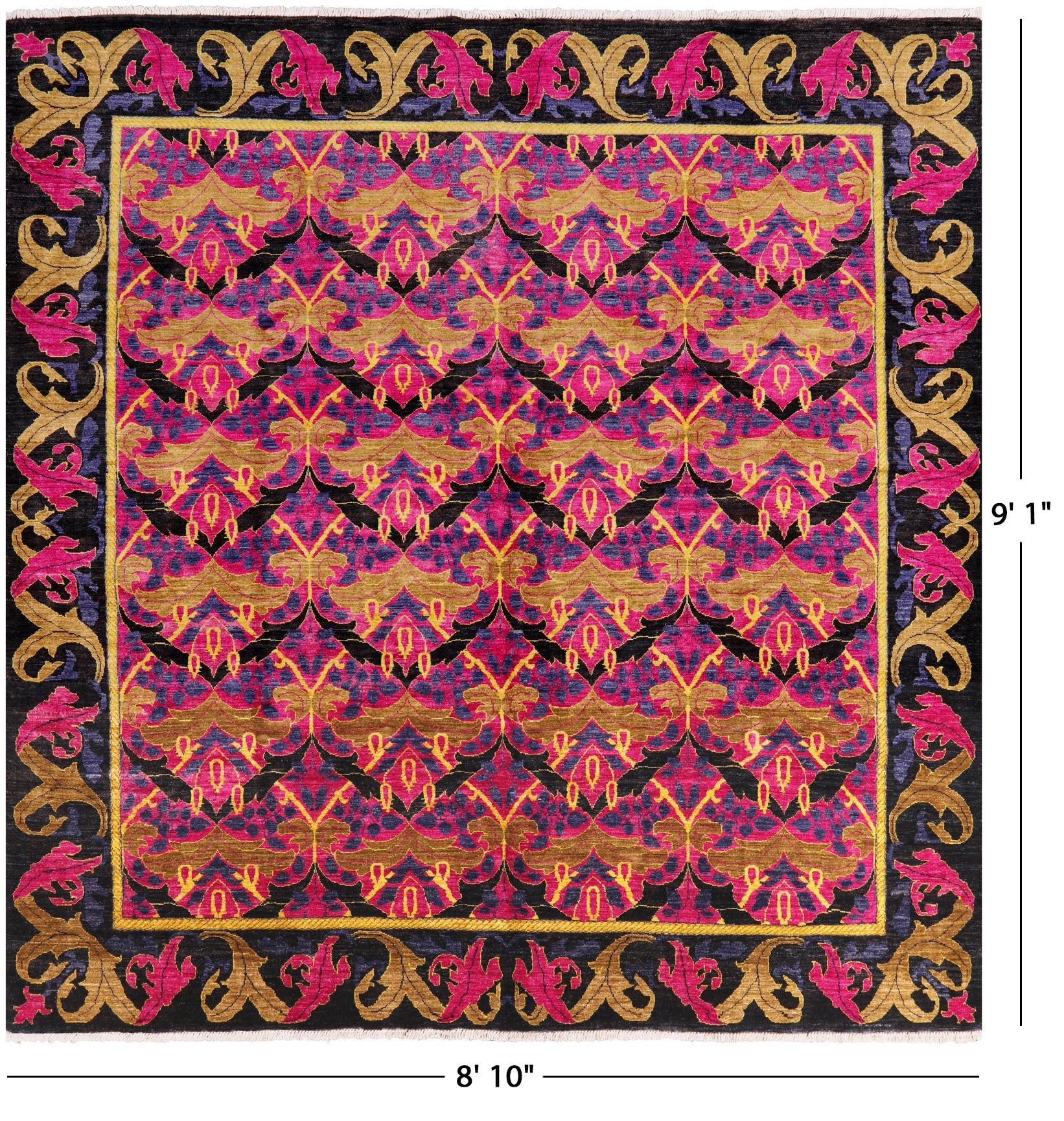 Pink Square William Morris Hand Knotted Wool Area Rug - 8' 10" X 9' 1" - Golden Nile