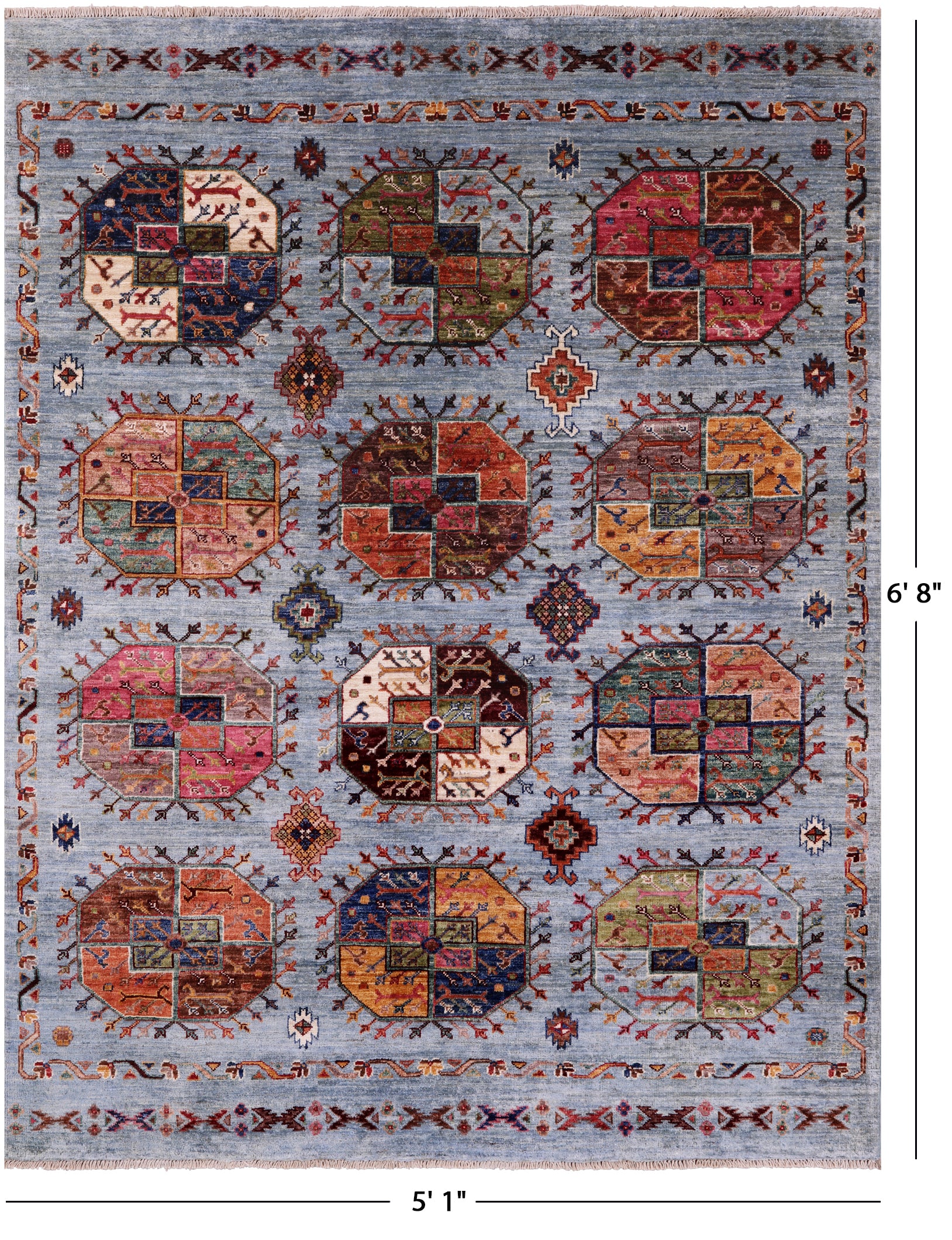 Blue Turkmen Ersari Hand Knotted Wool Rug - 5' 1" X 6' 8" - Golden Nile