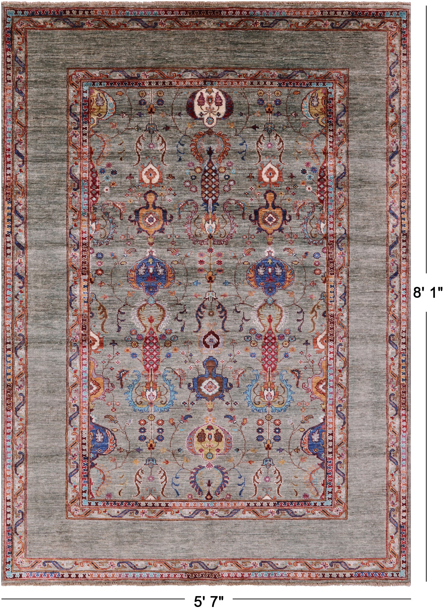 Green Peshawar Hand Knotted Wool Rug - 5' 7" X 8' 1" - Golden Nile