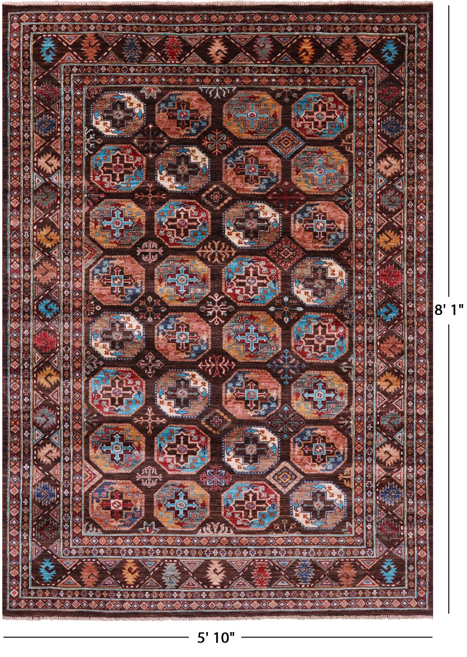Brown Turkmen Ersari Hand Knotted Wool Rug - 5' 10" X 8' 1" - Golden Nile