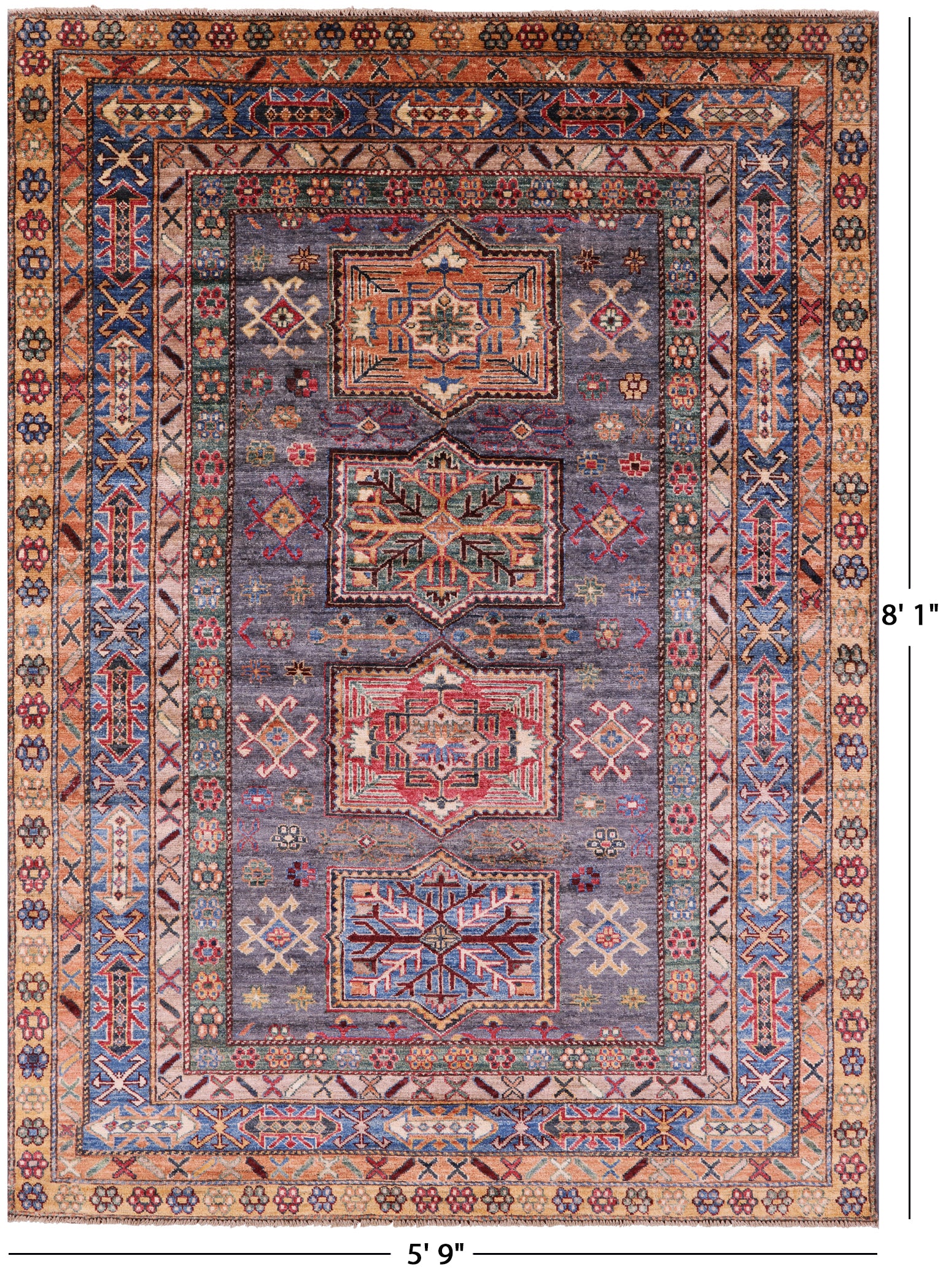 Grey Super Kazak Hand Knotted Wool Rug - 5' 9" X 8' 1" - Golden Nile