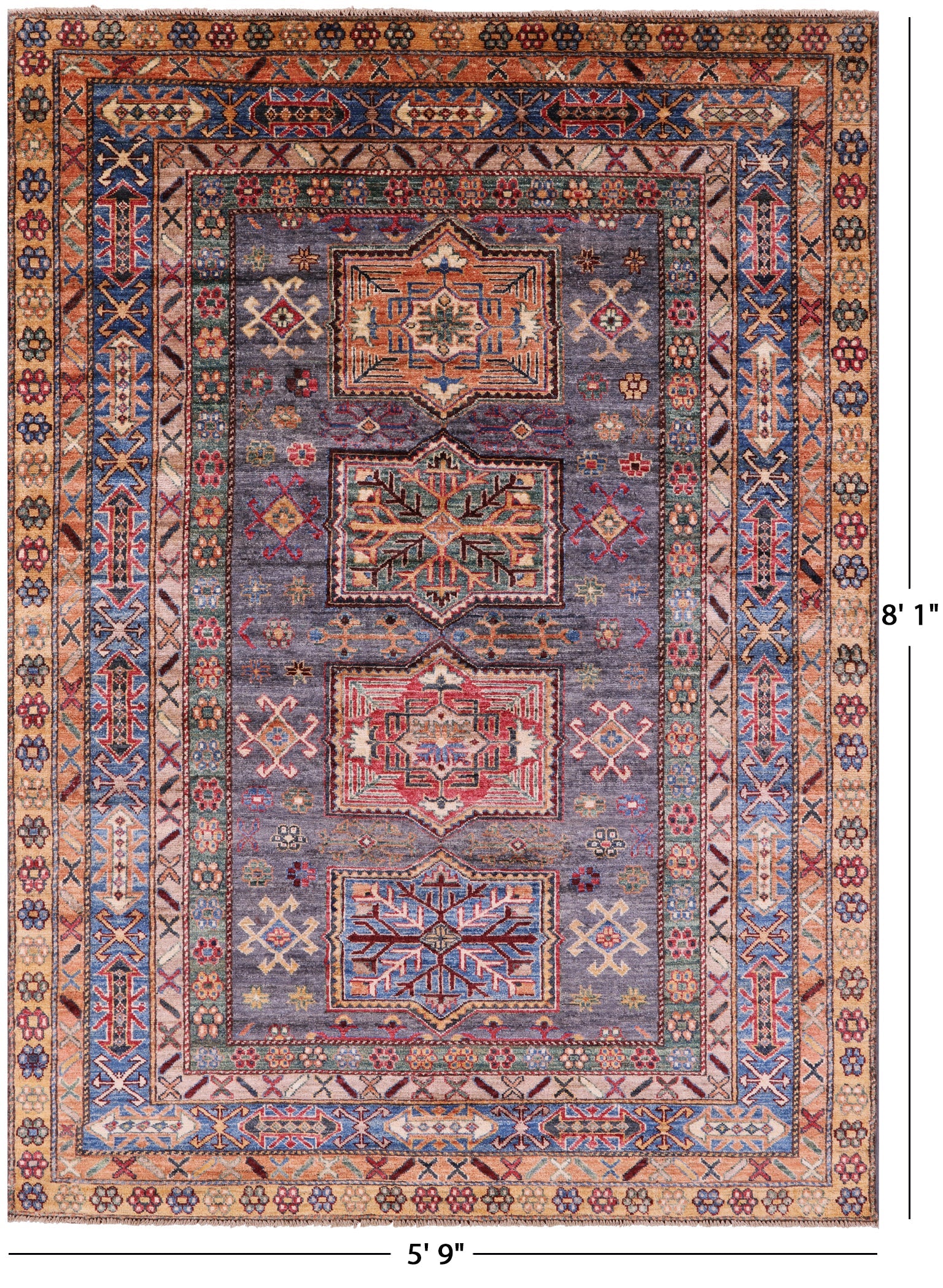 Grey Super Kazak Hand Knotted Wool Rug - 5' 9" X 8' 1" - Golden Nile