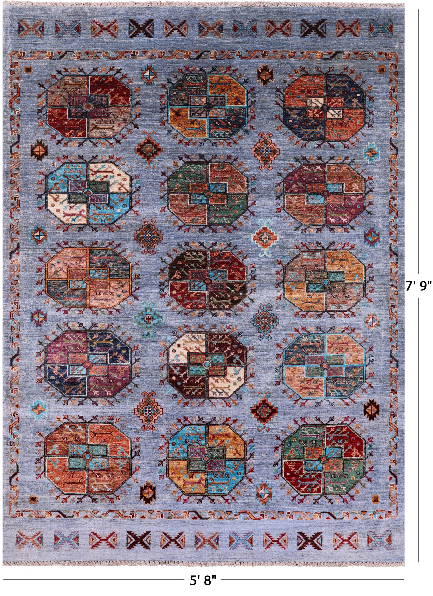 Blue Turkmen Ersari Hand Knotted Wool Rug - 5' 8" X 7' 9" - Golden Nile