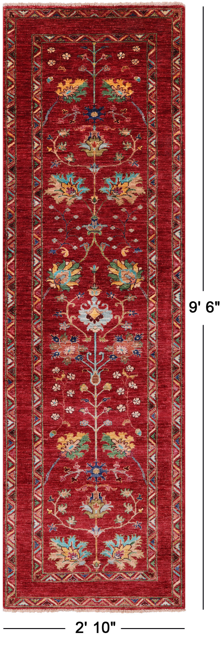 Red Peshawar Hand Knotted Wool Runner Rug - 2' 10" X 9' 6" - Golden Nile