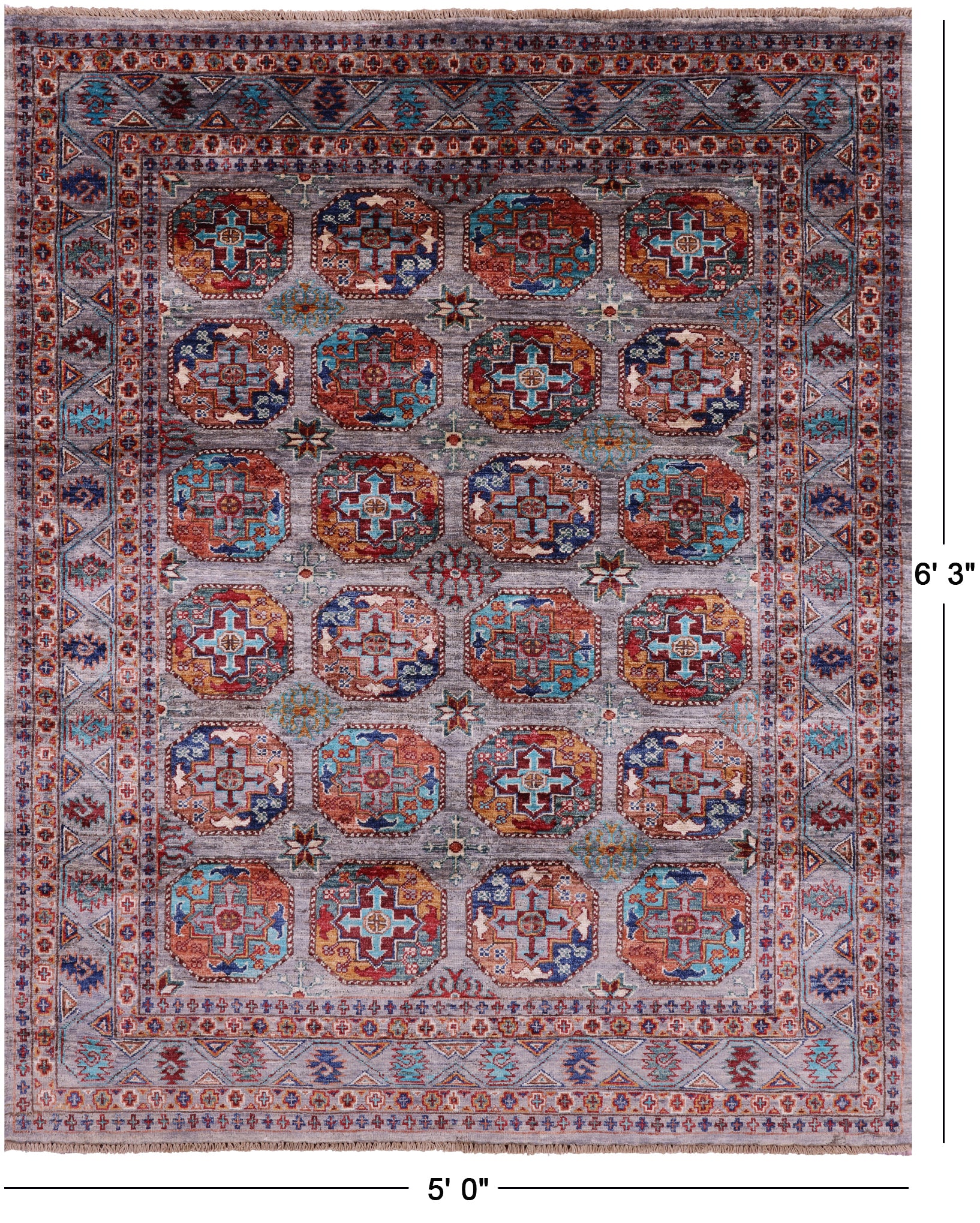 Grey Turkmen Ersari Hand Knotted Wool Rug - 5' 0" X 6' 3" - Golden Nile