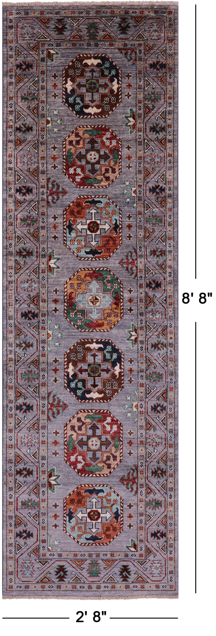 Grey Turkmen Ersari Hand Knotted Wool Runner Rug - 2' 8" X 8' 8" - Golden Nile