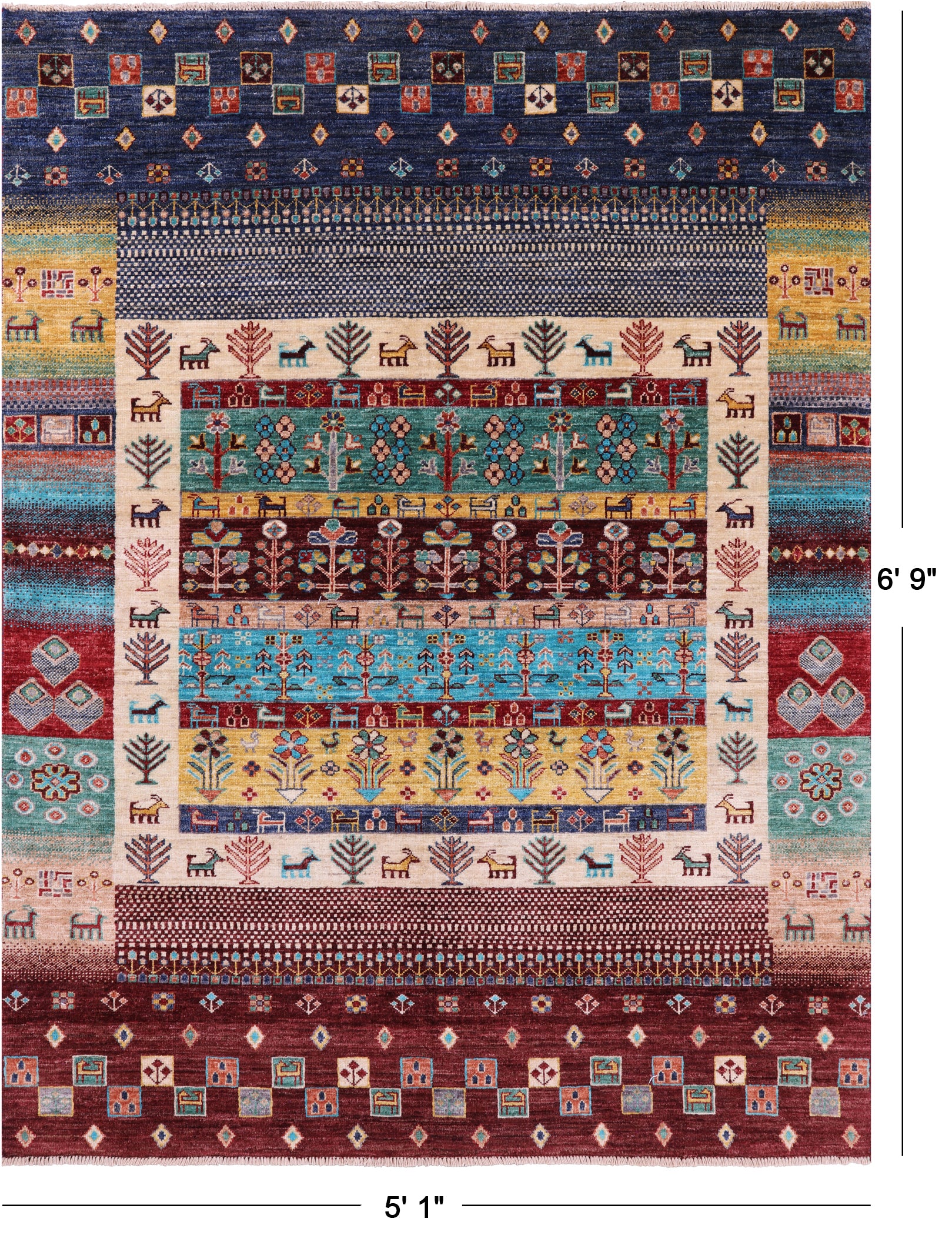 Tribal Persian Gabbeh Hand Knotted Wool Rug - 5' 1" X 6' 9" - Golden Nile