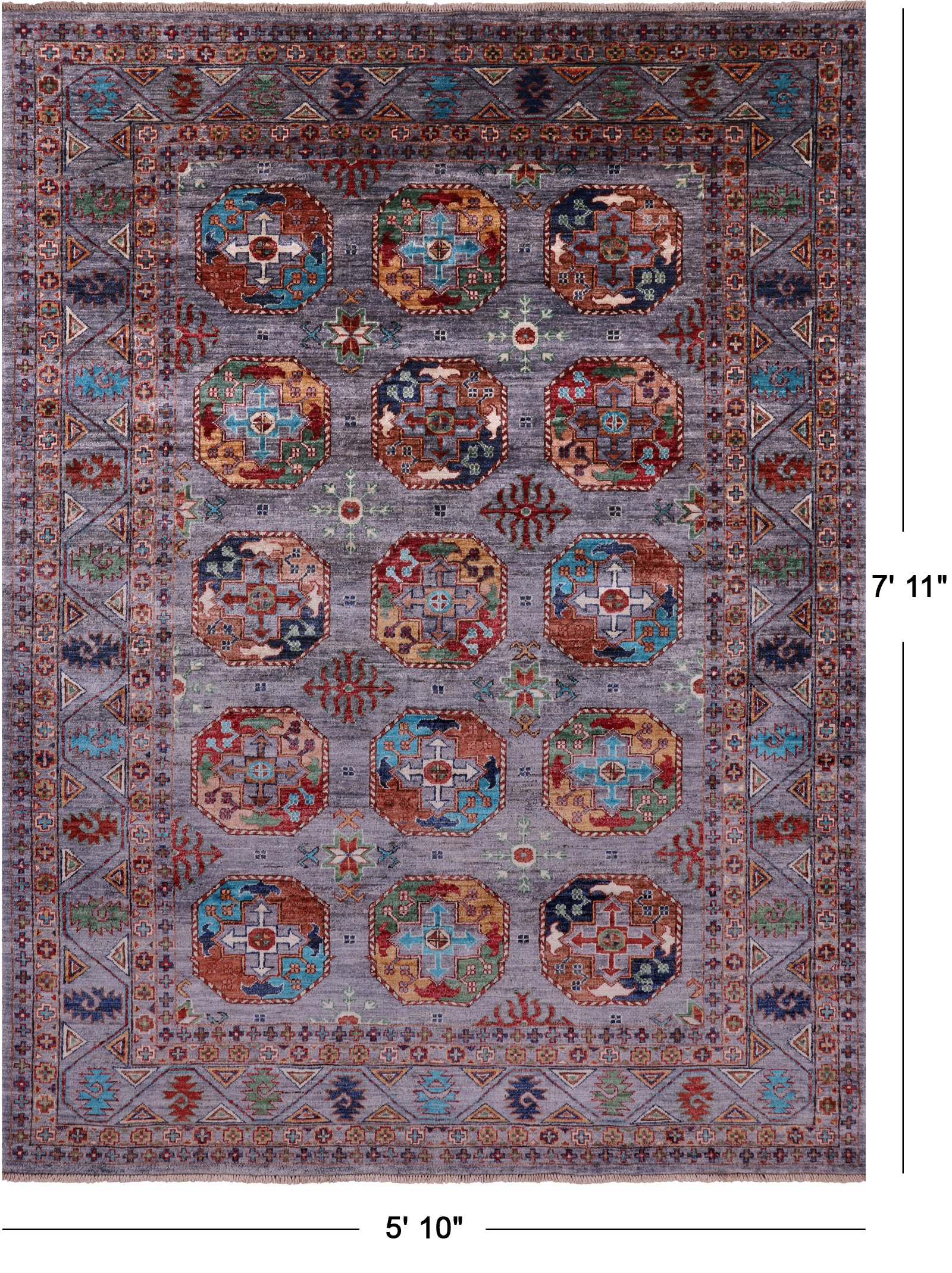Grey Turkmen Ersari Hand Knotted Wool Rug - 5' 10" X 7' 11" - Golden Nile