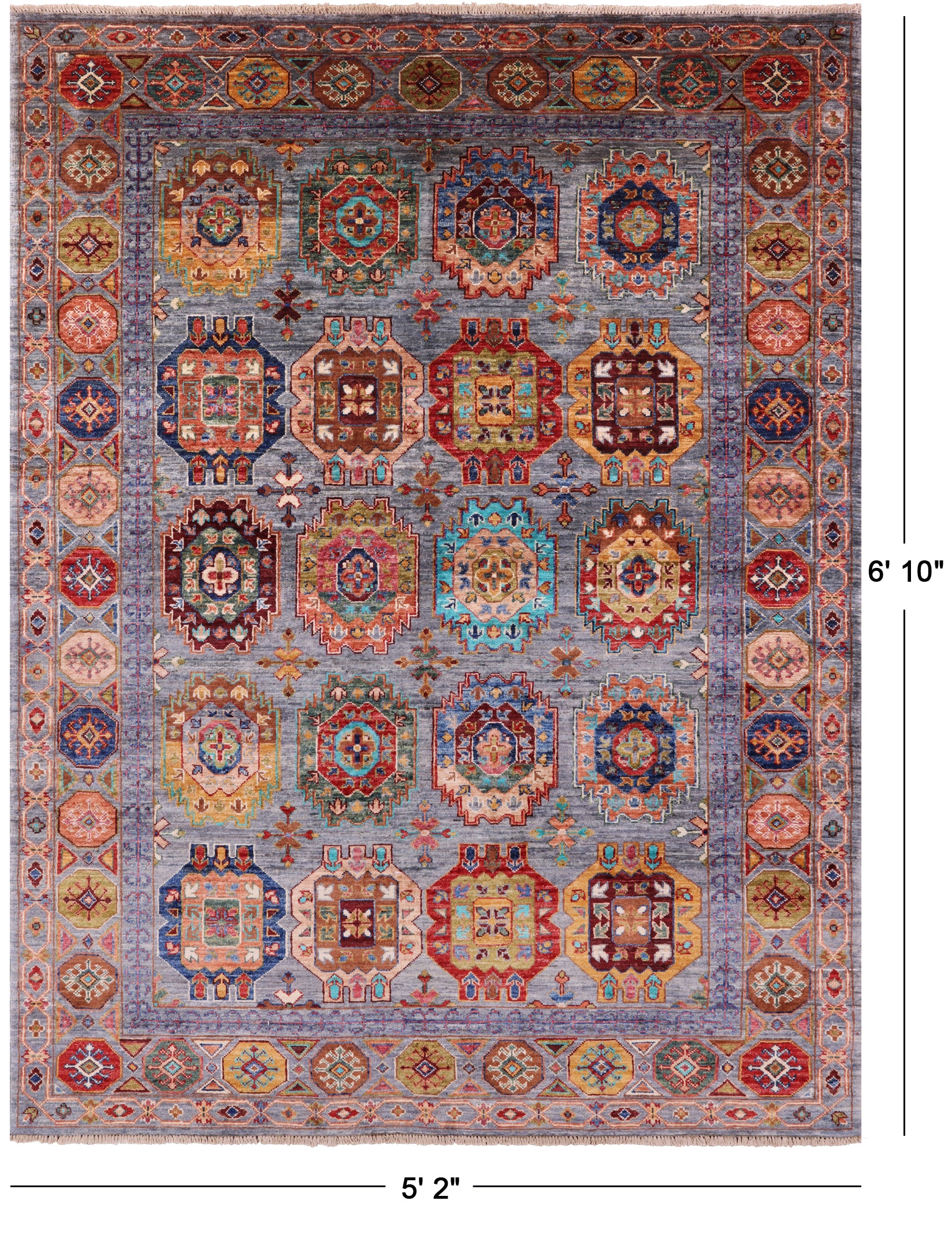 Grey Turkmen Ersari Handmade Wool Rug - 5' 2" X 6' 10" - Golden Nile