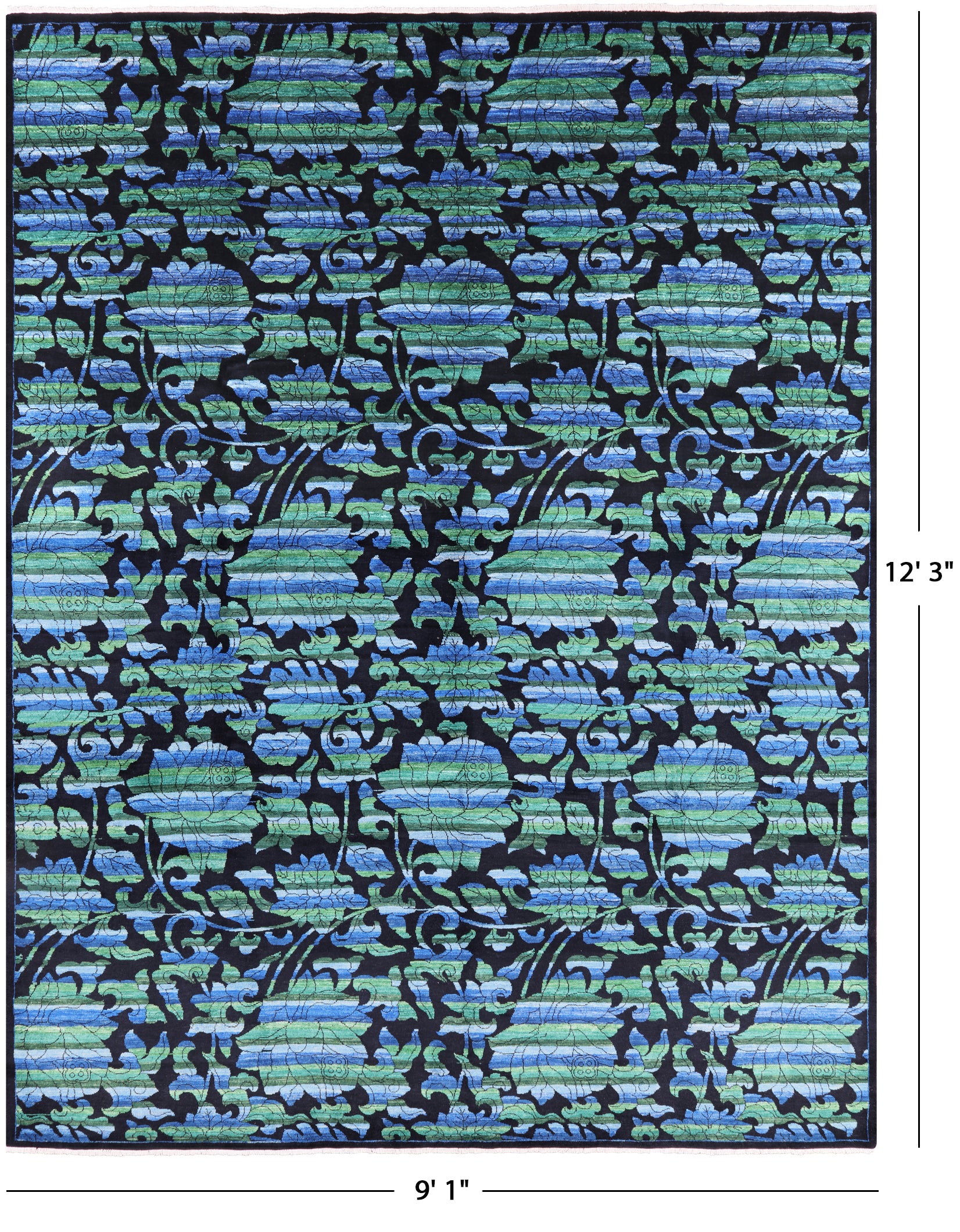 Black William Morris Rose Garden Hand Knotted Wool Area Rug - 9' 1" X 12' 3" - Golden Nile