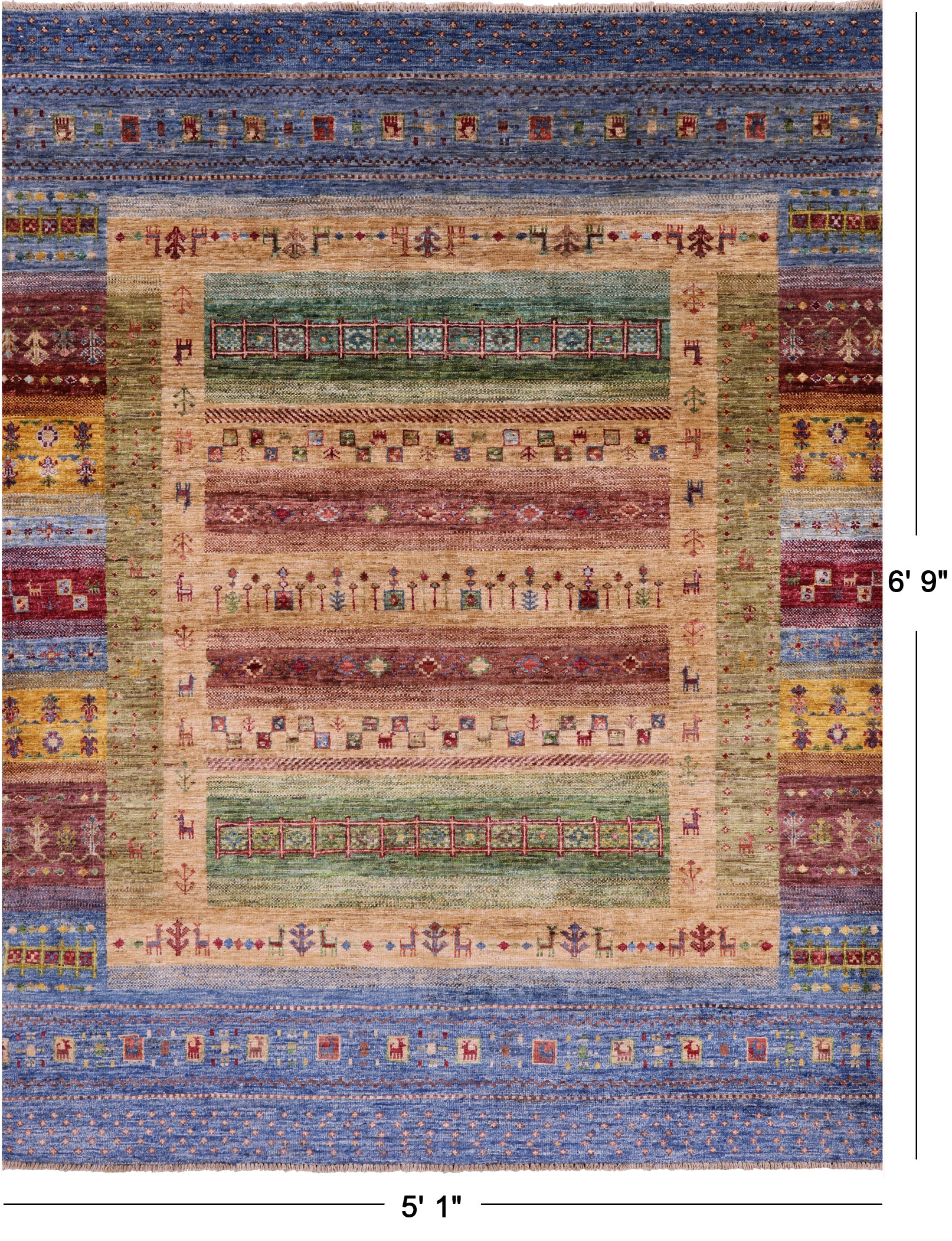 Tribal Persian Gabbeh Hand Knotted Wool Rug - 5' 1" X 6' 9" - Golden Nile