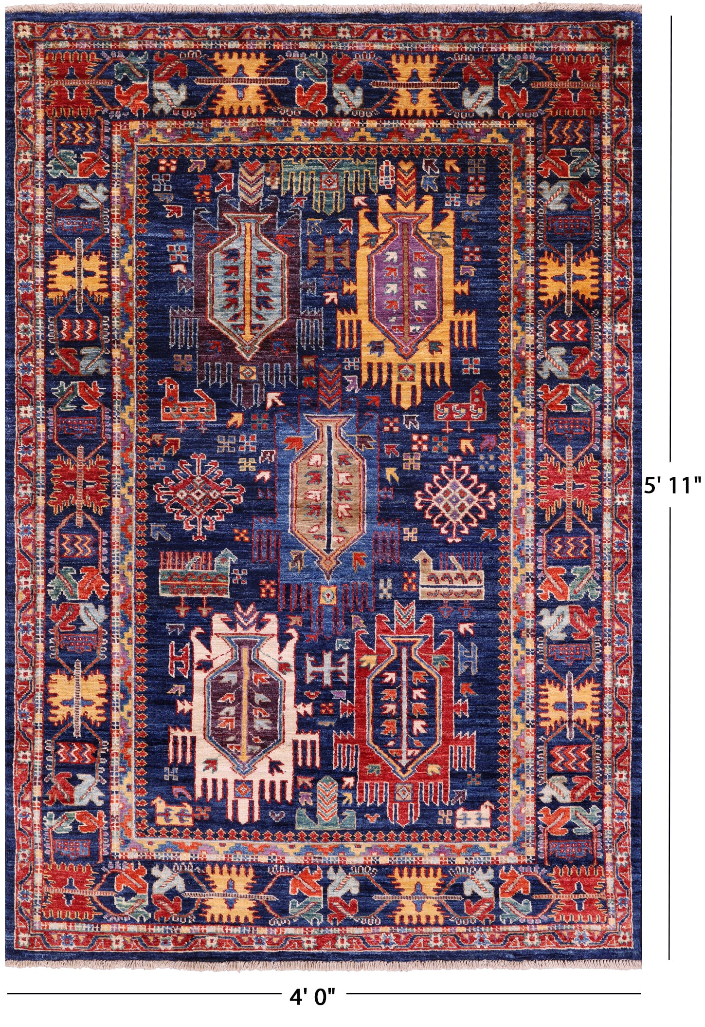 Blue Persian Fine Serapi Hand Knotted Wool Rug - 4' 0" X 5' 11" - Golden Nile