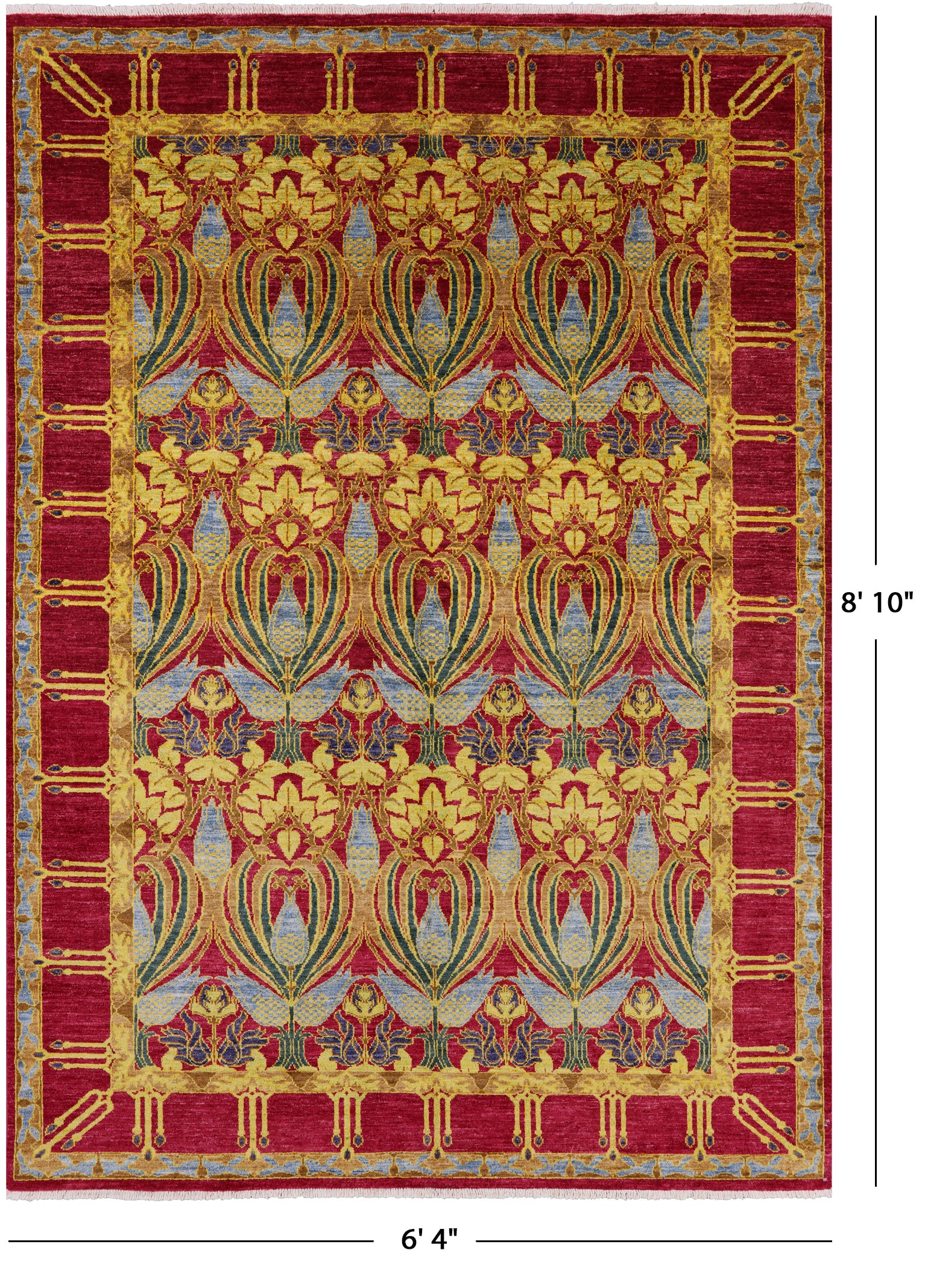 Pink William Morris Hand Knotted Wool Area Rug - 6' 4" X 8' 10" - Golden Nile