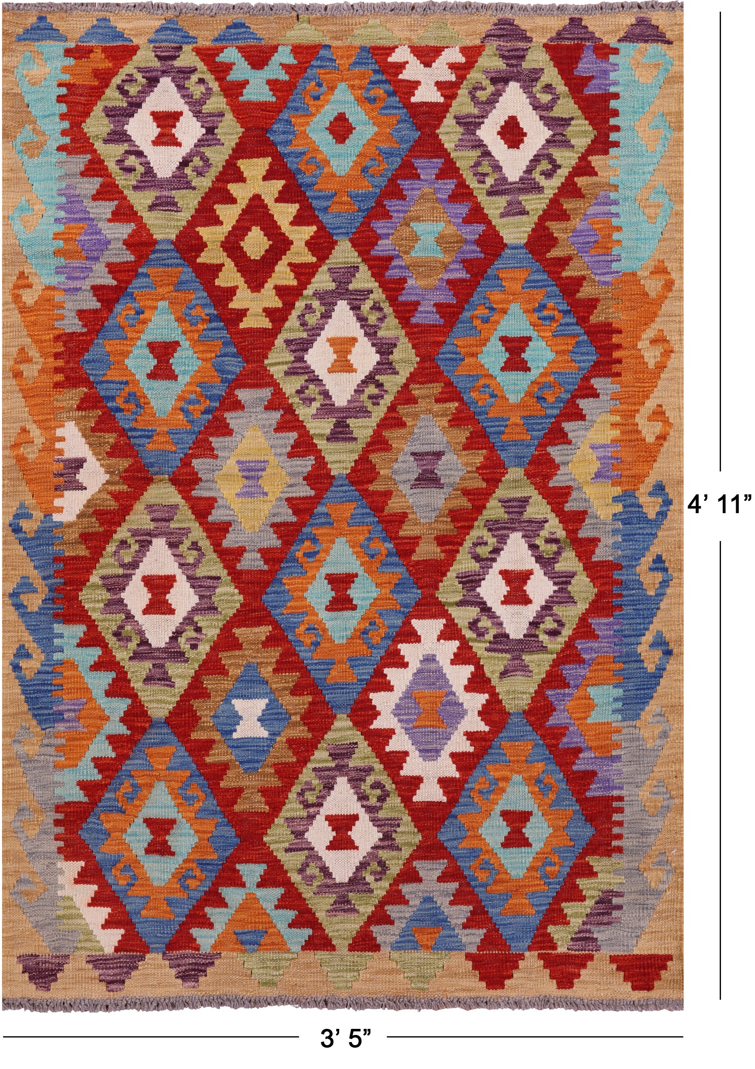 Reversible Kilim Flat Weave Wool On Wool Rug - 3' 5" X 4' 11" - Golden Nile