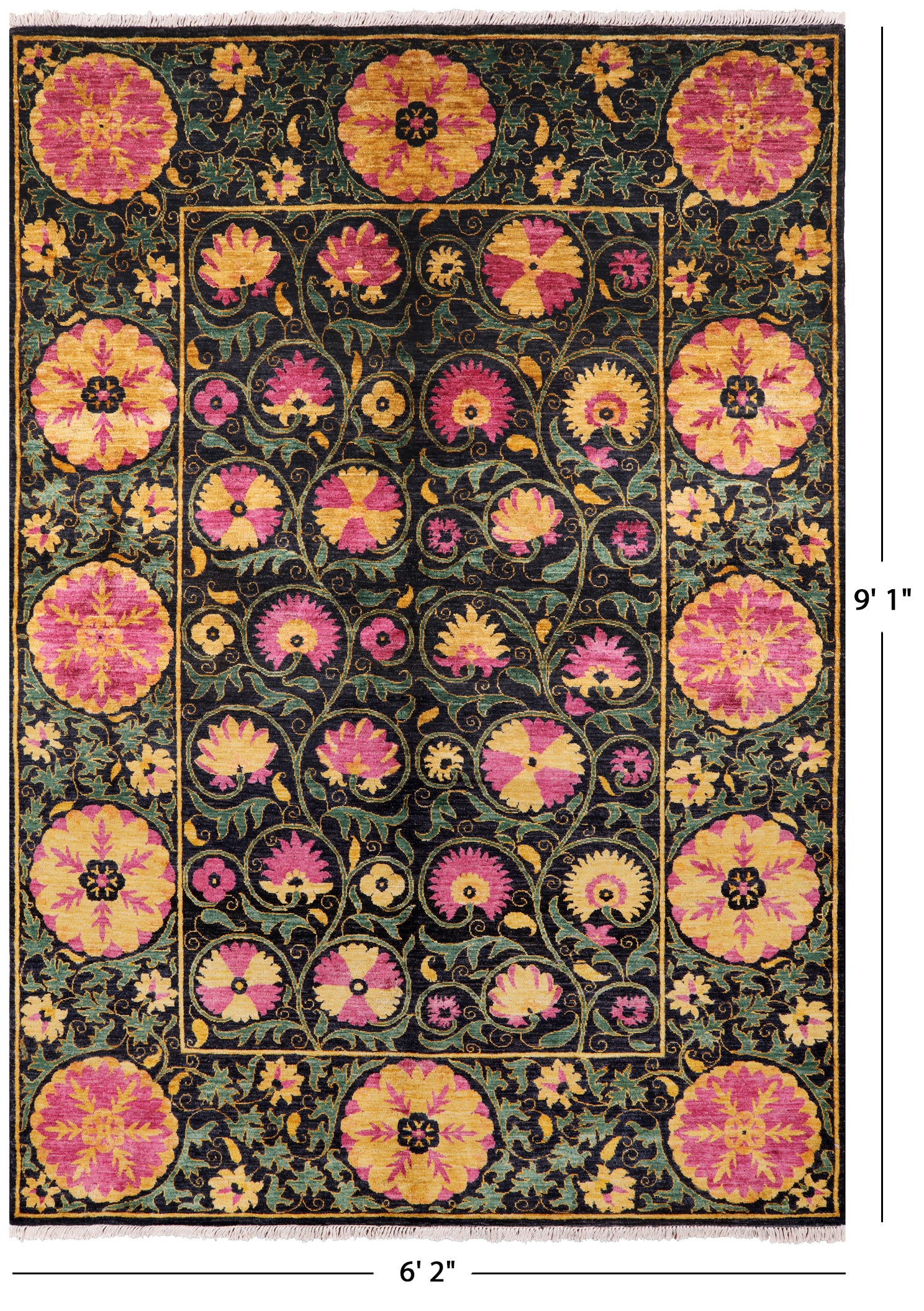 Black William Morris Handmade Wool Area Rug - 6' 2" X 9' 1" - Golden Nile
