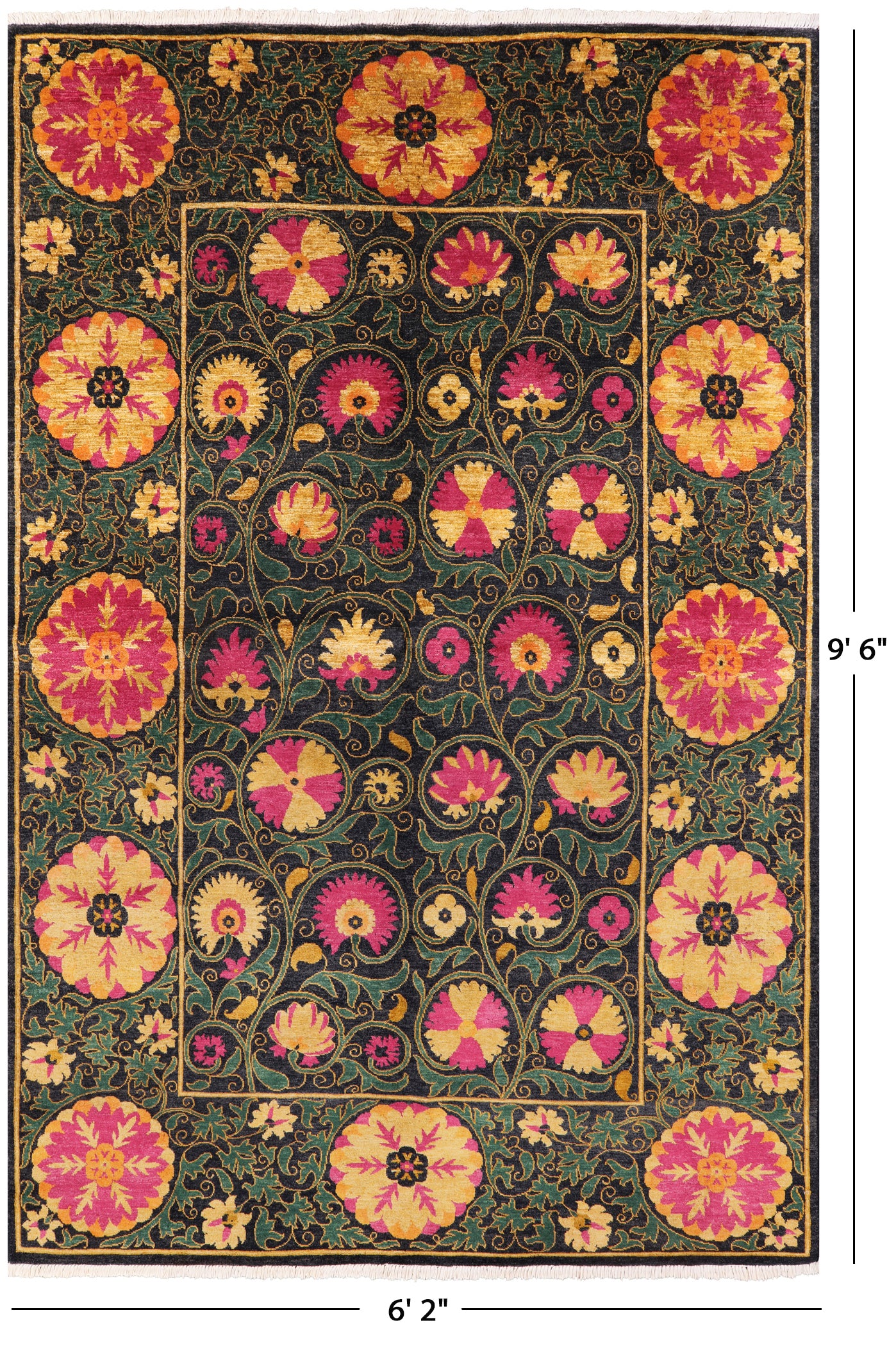 Black William Morris Hand Knotted Wool Area Rug - 6' 2" X 9' 6" - Golden Nile
