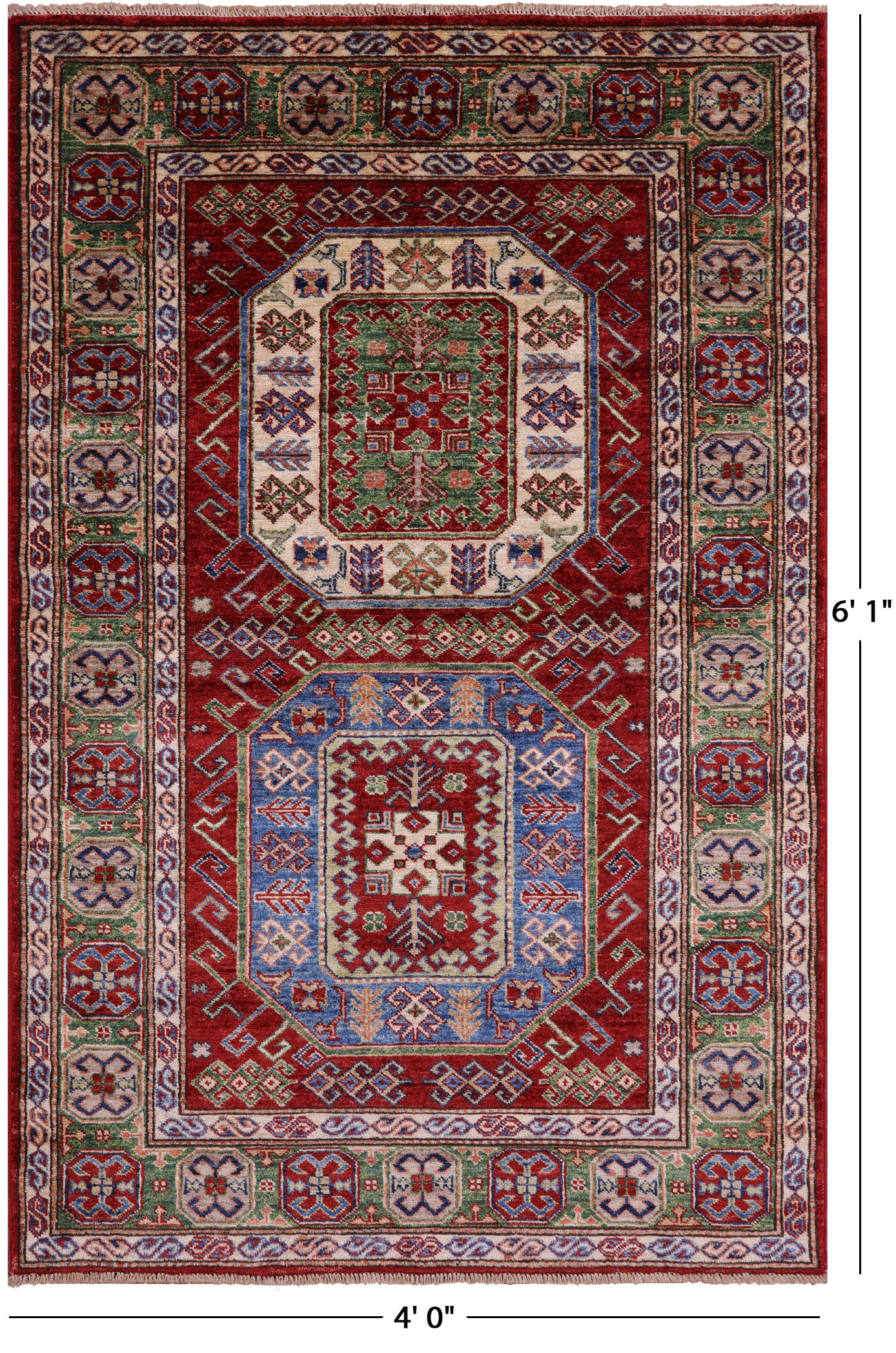 Red Super Kazak Hand Knotted Wool Rug - 4' 0" X 6' 1" - Golden Nile