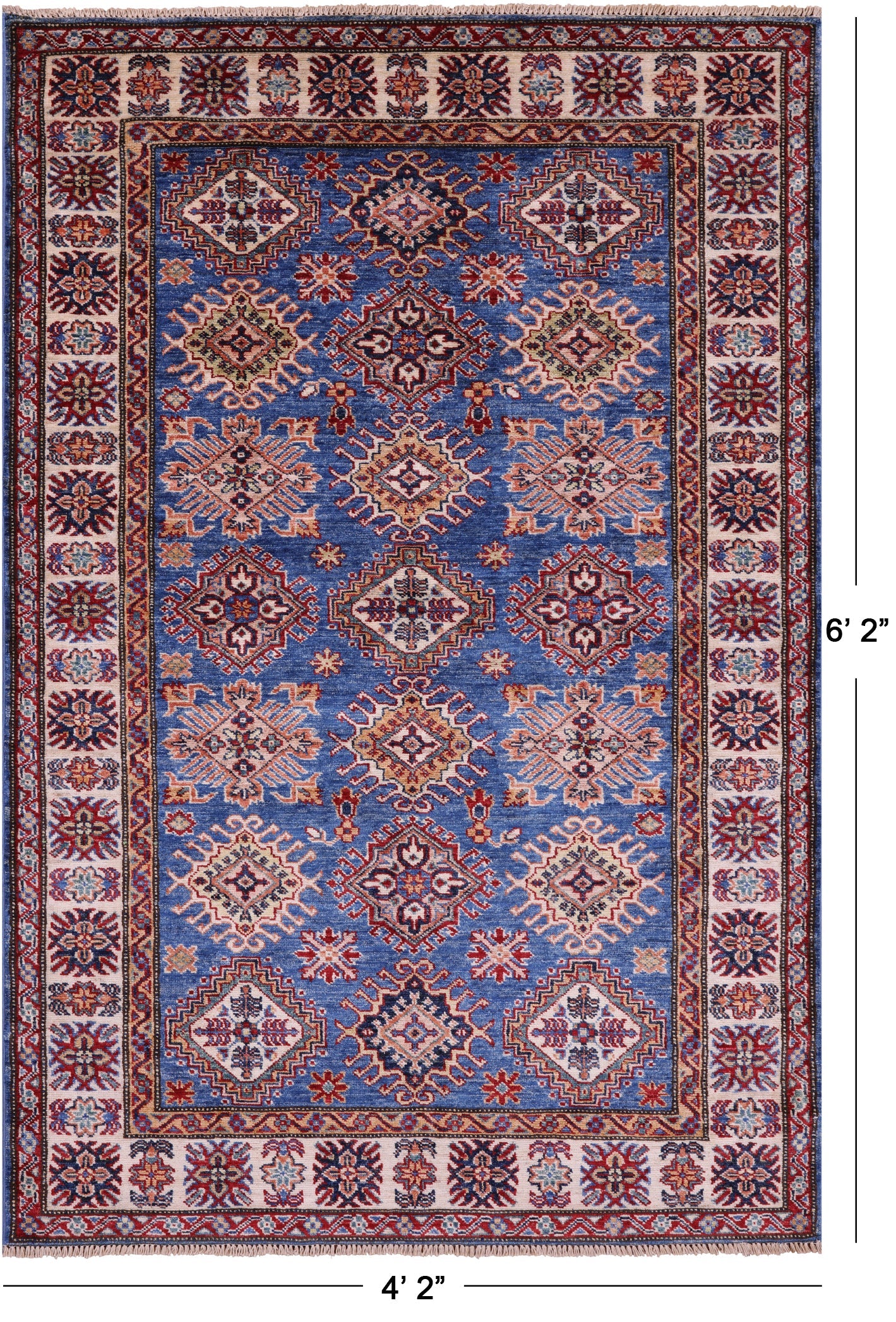 Blue Super Kazak Hand Knotted Wool Rug - 4' 2" X 6' 2" - Golden Nile