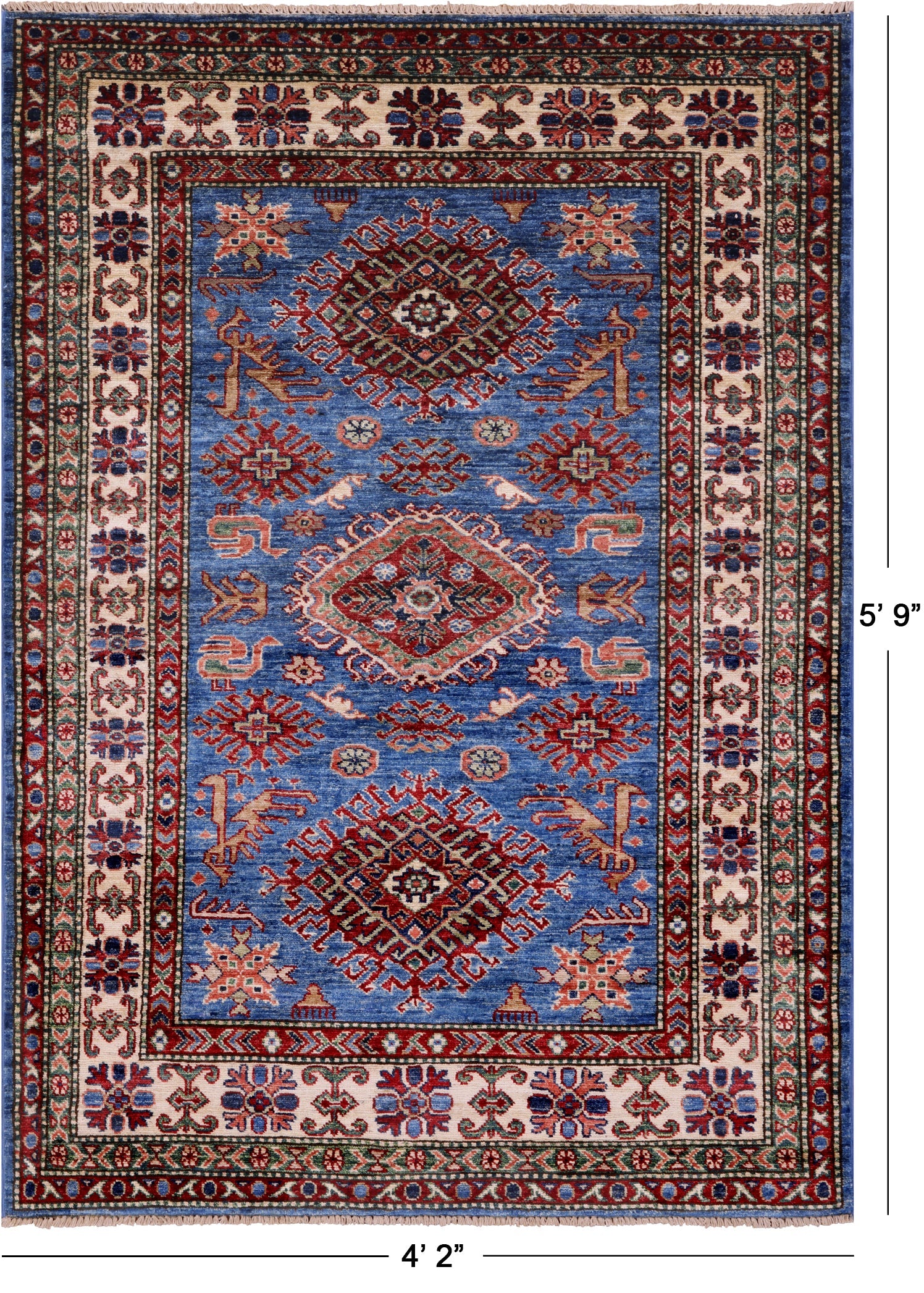 Blue Super Kazak Hand Knotted Wool Rug - 4' 2" X 5' 9" - Golden Nile
