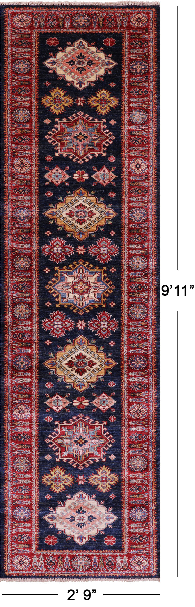 Blue Super Kazak Hand Knotted Wool Runner Rug - 2' 9" X 9' 11" - Golden Nile