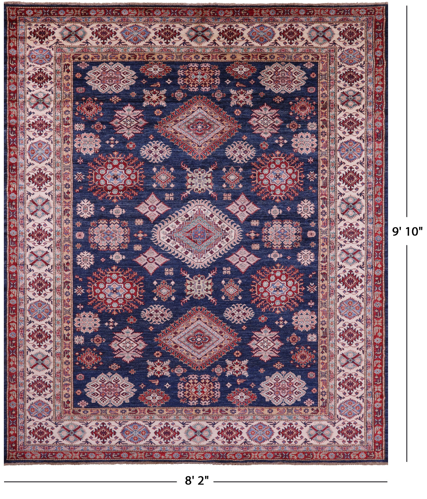 Blue Super Kazak Hand Knotted Wool Rug - 8' 2" X 9' 10" - Golden Nile
